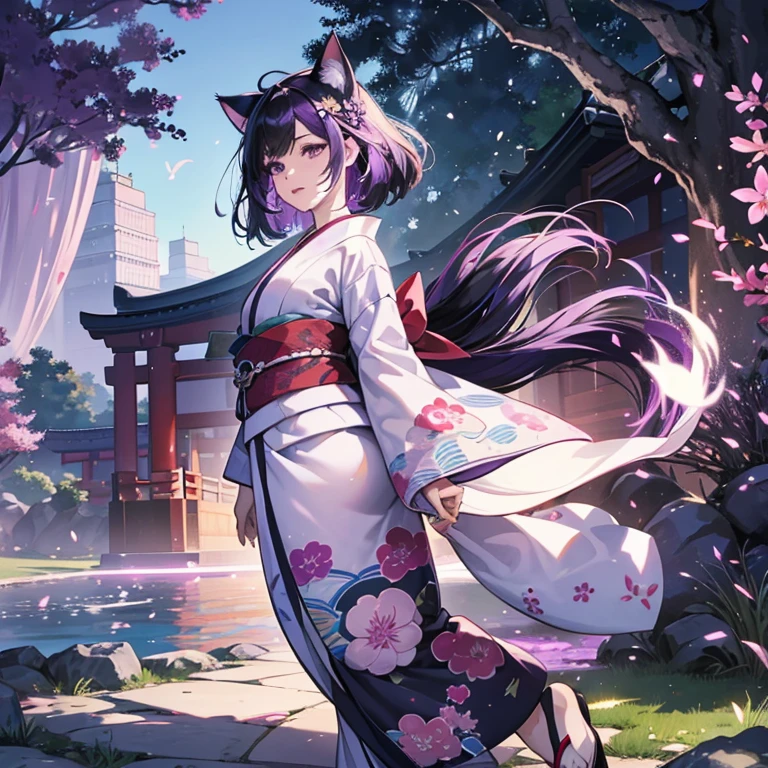 Only one woman , There's an adult woman in a park, MILF, Japanese Kimono , unicorn print, shiny skin, cat ears,, Dark purple hair, black hair and purple streaks, cat ears on head, beautiful chest, Second life avatar, Beautifullscreenshot, Second life,, full body view, Front view, seductive woman, high quality, Very detailed skin