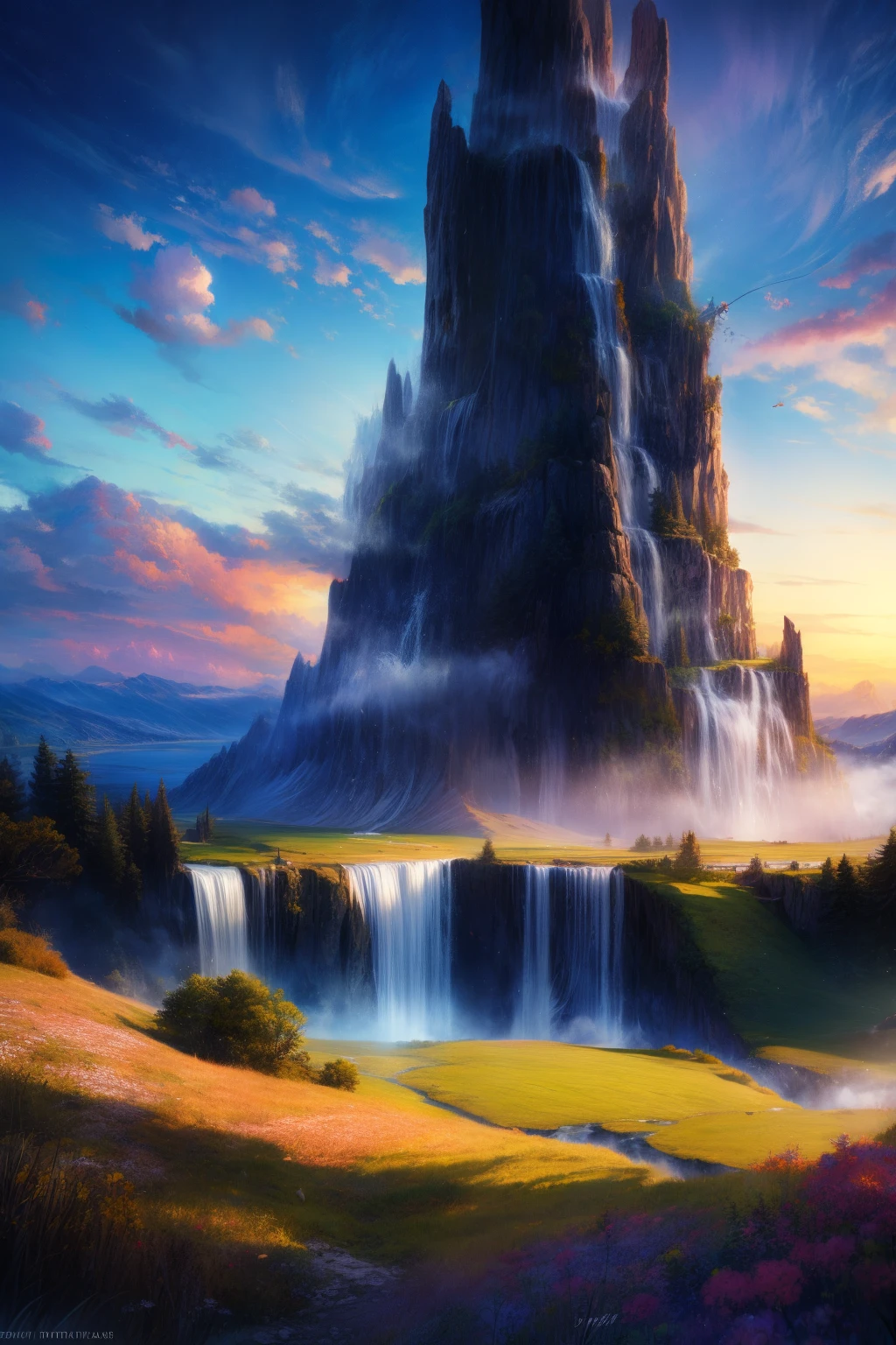 tmasterpiece, Best quality at best, high qulity, extremely detaild的 CG unified 8k wallpapers, scenecy, Outdoor activities, Skysky, ​​clouds, daysies, without humans, mont, The landscape, Eau, The tree, blue-sky, waterfallr, precipice, naturey, lake, flod, mostly cloudy sky,award winning photography, bokeh, depth of fields, HighDynamicRange, full bloom, color difference ,realisticlying,The is very detailed, Hot topics on artstation, Trends on CGSociety, iintricate, high detal, dramatics, halfway art