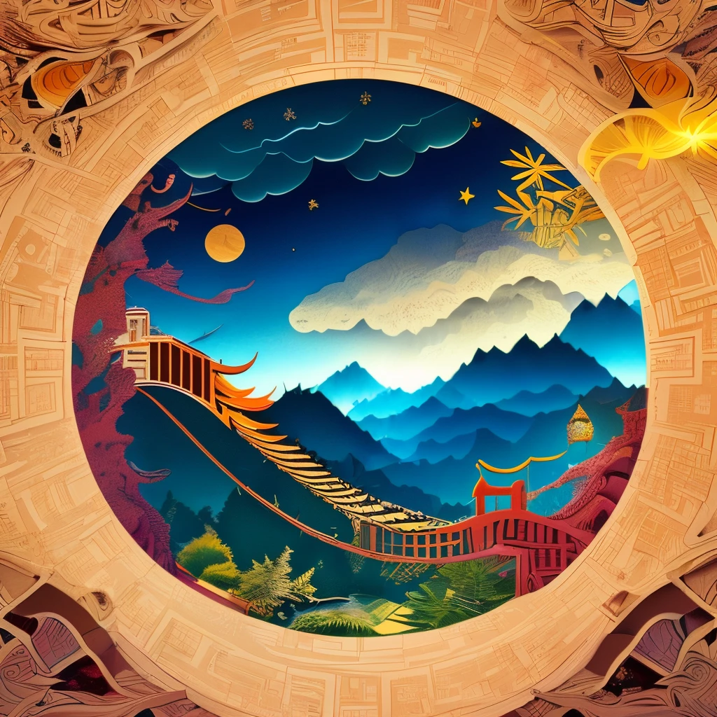 mdjrny-pprct,Chinese architecture, gardens, mountains and rivers, clouds, (high detailed:1.2)