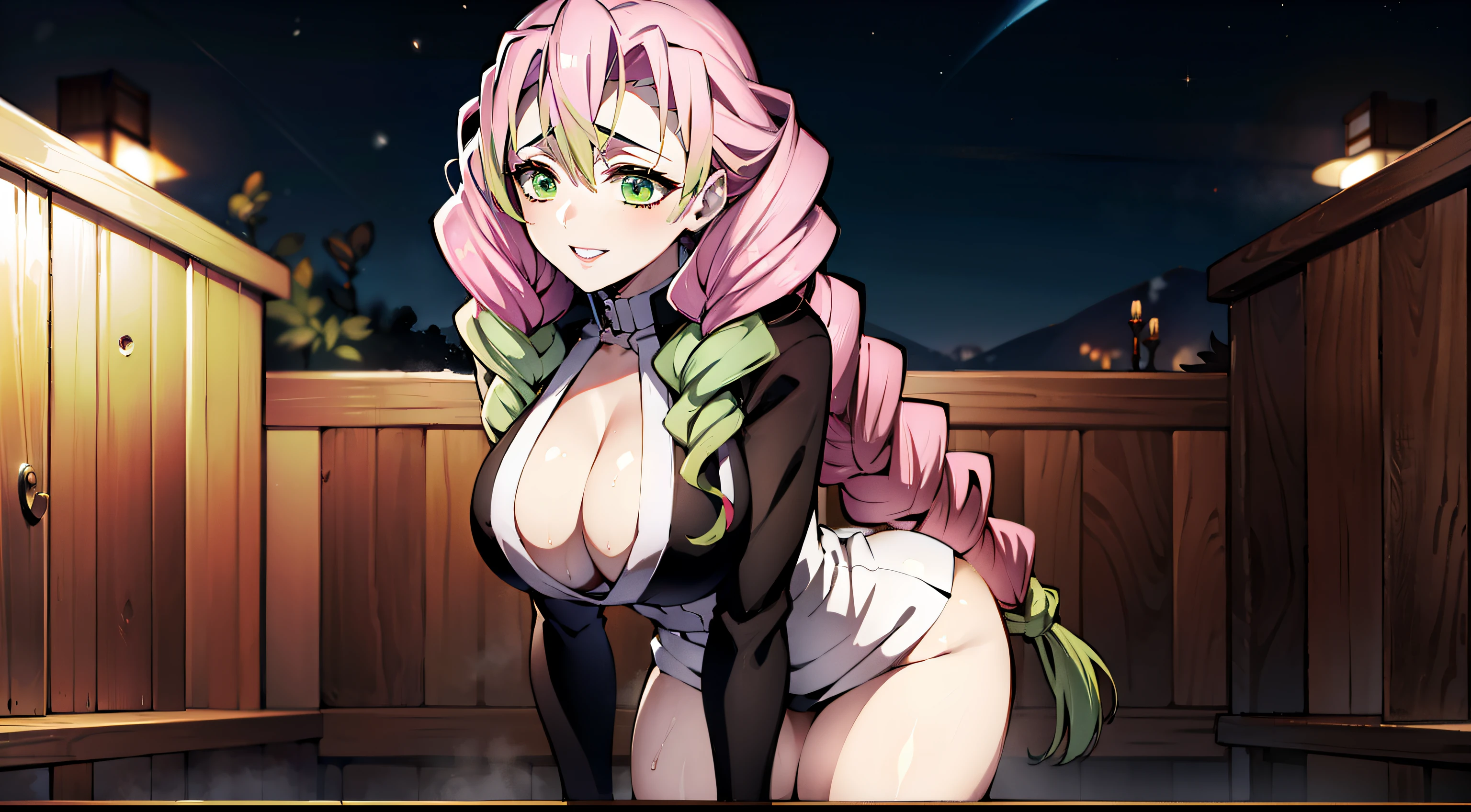 long pink hair, pink hair turns green towards the ends, A dazzling smile, Mitsuri Kanroji from Demon Slayer, big breastes, White Haori, White Japanese cloak, Upskirt, green stockings, black undershirt, The top buttons of the shirt are unbuttoned, beautiful green eyes, in the woods, beste-Qualit, supreme, 1девочкаl, In the bamboo forest,Sunny day, winter, snowing, Japanese Village, Hot springs, Looking at the starry sky, Close your mouth, Night with countless stars, The ideal body of the Milky Way, The Perfect Girl, perfect details, Ultra HD |, 8K, Professional photo, Demon Slayer in anime style,