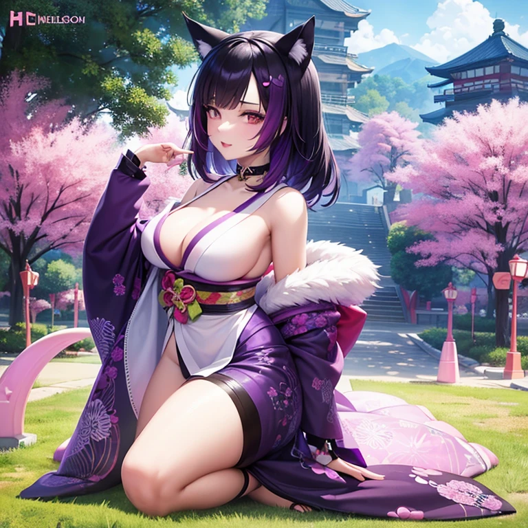 Only one woman , There's an adult woman in a park, MILF, Japanese Kimono , unicorn print, shiny skin, cat ears,, Dark purple hair, black hair and purple streaks, cat ears on head, beautiful chest, Second life avatar, Beautifullscreenshot, Second life,, full body view, Front view, seductive woman, high quality, Very detailed skin