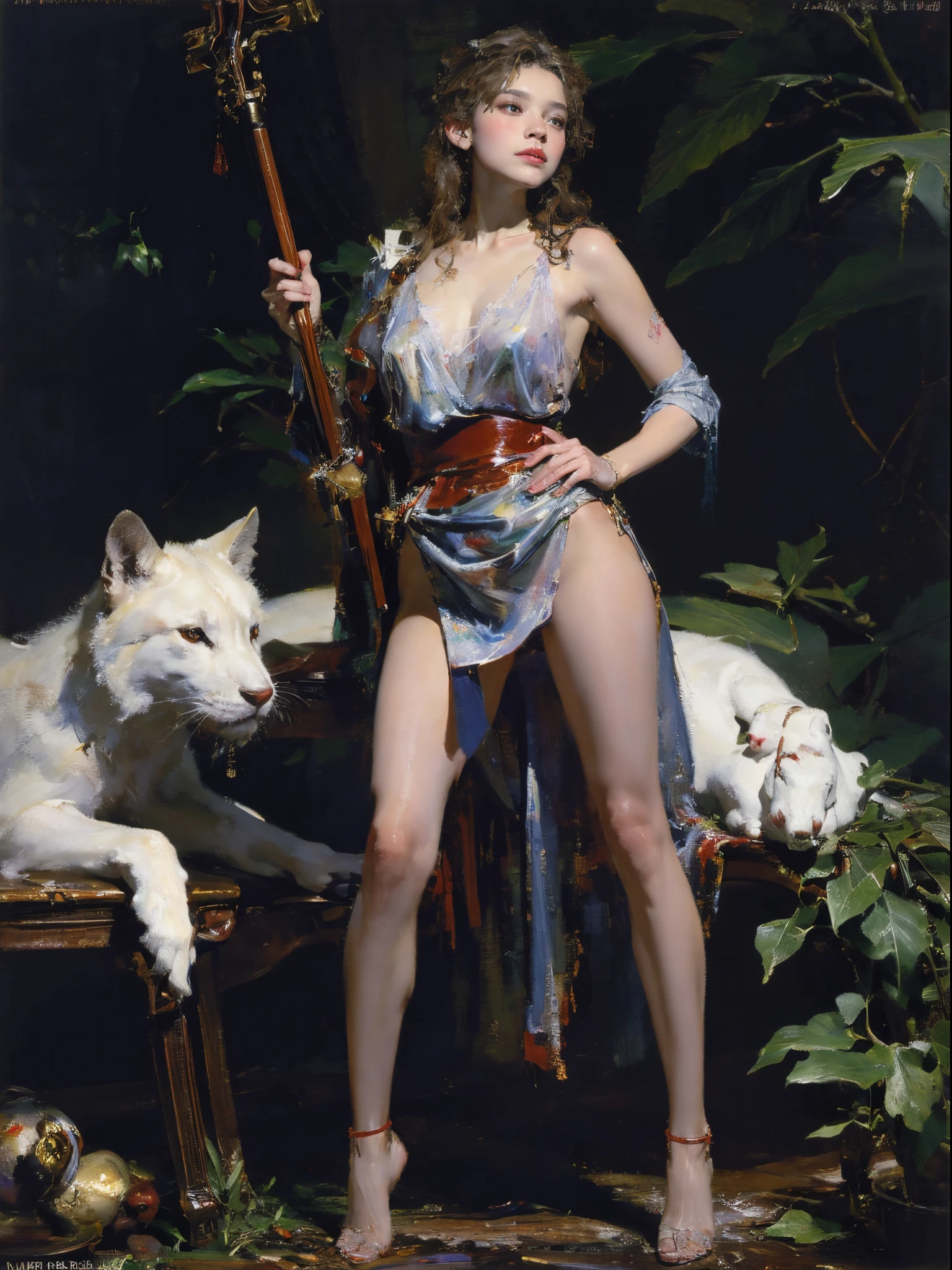 Depicting a Huntress&#39; Encounter with the wolf，((()))，(((white wolf)))，(((The wolf is as big as a man))),Quiet and harmonious atmosphere，(Clothes are tattered and exposed :1.4)，(((Light brown hair)))，(((blond hairbl)))，(((silber hair)))，(full-body portraits:1.5), Dramatic composition，warm color palette，  ((five perfect and beautiful fingers)), ((Only two arms)), (Elegant and luxurious accessories:1.3),  (Anatomically correct limbs and physique:1.4)，(Exquisite, round and symmetrical eyes), A detailed的the face, ((Girls wear：redhood, capes, Big breasts corset, a skirt, reddress，laced dress，Carrying a basket of fruit))，((Men wear：Armored shoulder blades, buck teeth, curled horns, carrying a rifle，Rifle hanging from waist))，((Background with：Outside the cabin，natural  lightting,))， ((Background with：Outside the candy house，a fairy world))，((Background with：the dark forest))，((Background with：tropical jungle))，hyper realisitc, + Cinema lenses + dynamic combination，Epic reality, ((com cores neutras)),((Less skin exposure)), (post impressionist),(Fechin Oil Painting - Fechin Oil Painting , oil painted), 02