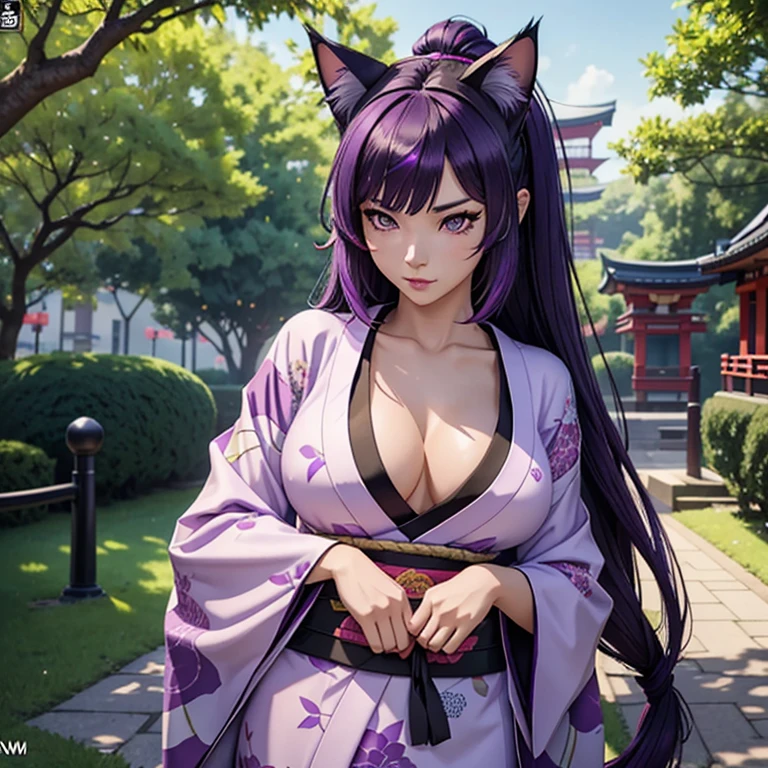 Only one woman , There's an adult woman in a park, MILF, Japanese Kimono , unicorn print, shiny skin, cat ears,, Dark purple hair, black hair and purple streaks, cat ears on head, beautiful chest, Second life avatar, Beautifullscreenshot, Second life,, full body view, Front view, seductive woman, high quality, Very detailed skin