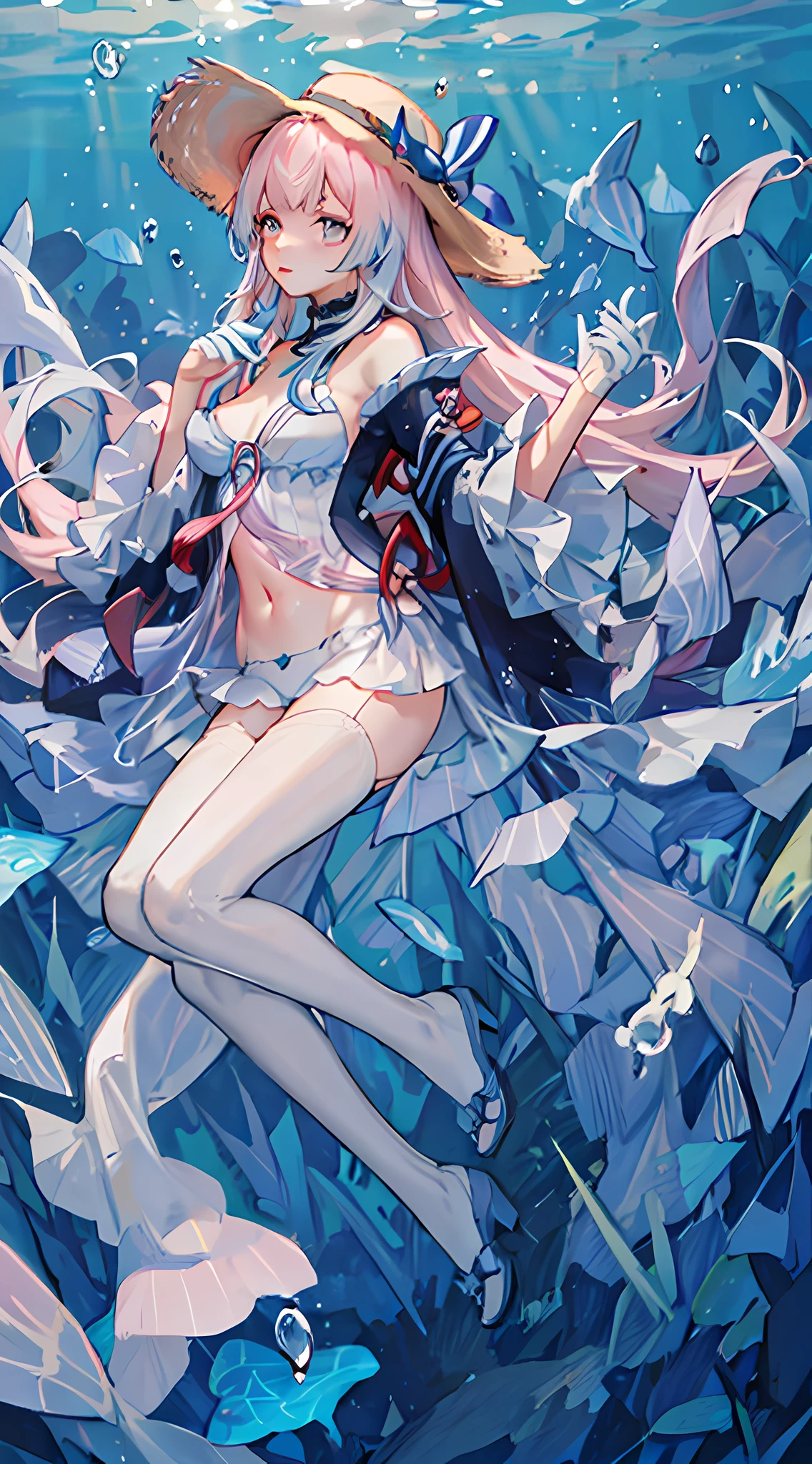 1girll，Straw Hat Hat，white swimwear，比基尼，Bare belly，Long messy hair，short transparent dress，see-through sleeves，A lot of smoke，Exquisite，Elegant colors，high detal，tmasterpiece，ultra - detailed，dynamic angle，Mural background，water ink，astounding，cinmatic lighting，illustratio，lightand shade contrast，The light from the back window is backlighted，God Ray，Best quality at best，Best quality at best