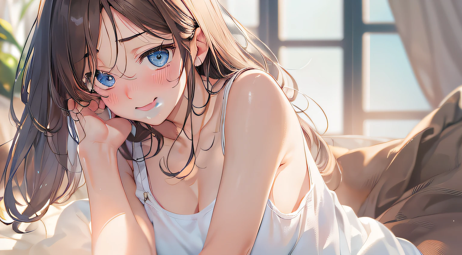 (best quality,8k,ultra high res,absurdres:1.2),detailed face,detailed eyes,beautiful detailed lips,longeyelashes,relaxed expression,1girl,yuuki asuna,lying down,on_back,in bed,mature,young,adult,wearing white dress,soft lighting,feminine,peaceful atmosphere,serene backdrop,detailed background,decorative pillows,white sheets,airy bedroom,open window,curtains,bright sunlight,pastel color scheme,tranquil mood