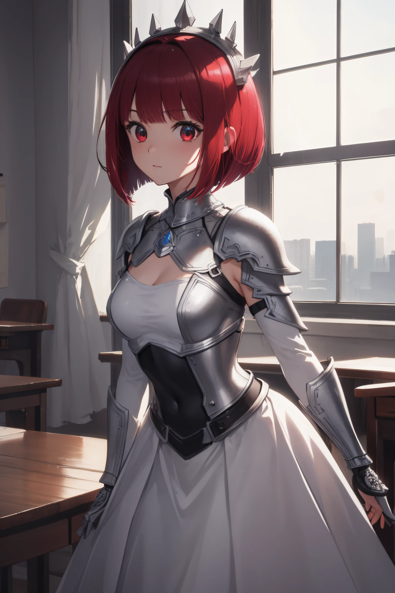 kanaarima, kana arima, bob cut, (red eyes:1.5), red hair, short hair,
BREAK white dress, armor, armored dress, chain, collar, dress, faulds, gauntlets, headpiece, metal collar, plackart,
BREAK looking at viewer,from back view、Look back with a sideways glance、
BREAK indoors, classroom,
BREAK (masterpiece:1.2), best quality, high resolution, unity 8k wallpaper, (illustration:0.8), (beautiful detailed eyes:1.6), extremely detailed face, perfect lighting, extremely detailed CG, (perfect hands, perfect anatomy),