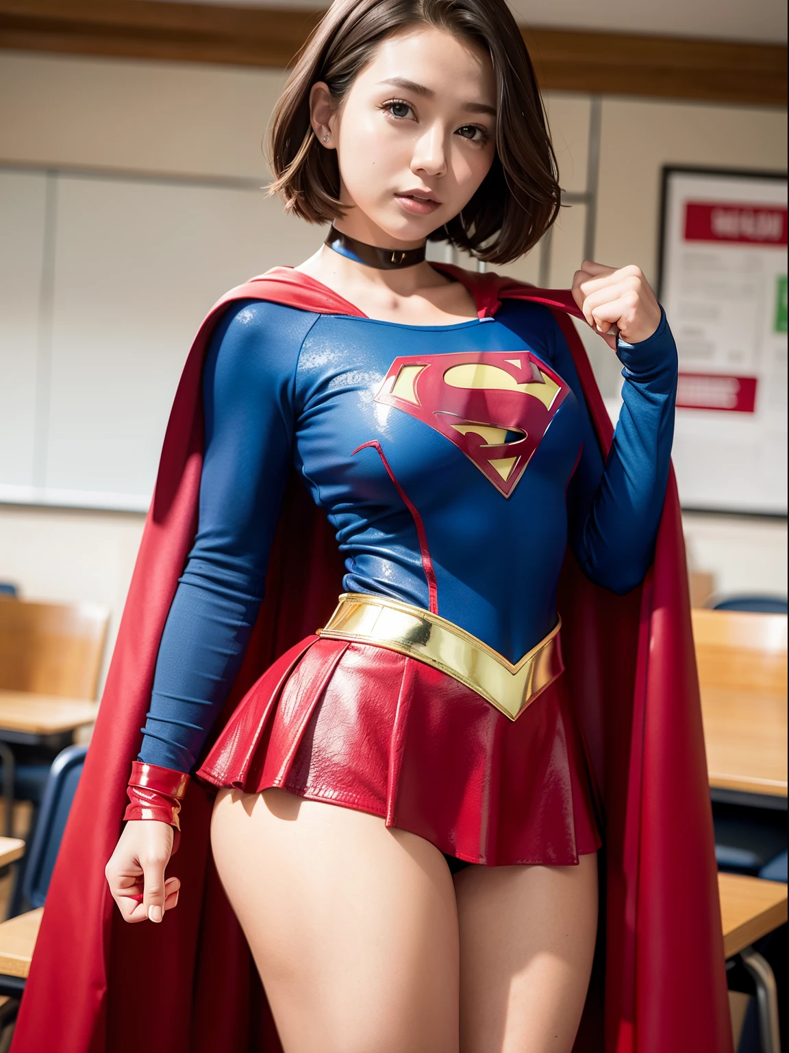 masterpiece,Short-haired supergirl showing off her thighs on her school desk、large full breasts、Looking at the camera、Glossy enamel costume、Glossy red enamel long boots、Shiny red skirt、a choker、Fluttering cloak、seduces、sexypose