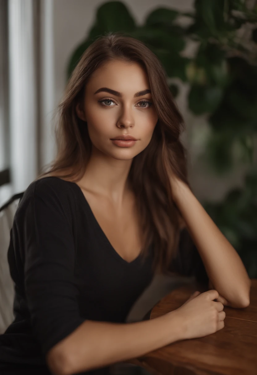 Woman in a T-shirt and sans-culotte , Sexy girl with brown eyes, portrait sophie mudd, brown hair and large eyes, selfie of a young woman, Chamber eyes, violet myers, no makeup, natural makeup, looking straight at camera, face with artgram, fine makeup, Excellent full-length photography, cleavage, sitting at a table