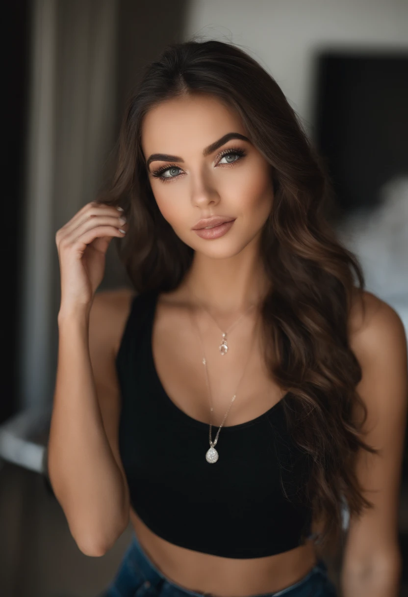 Arafed woman with a white tank top and necklace, fille sexy aux yeux verts, Portrait Sophie Mudd, cheveux bruns et grands yeux, selfie of a young woman, Yeux de chambre, Violet Myers, sans maquillage, maquillage naturel, looking straight at camera, Visage avec Artgram, Maquillage subtil, Superbe photo du corps entier, piercing green eyes, Bel angle, pose attrayante, fille mignonne, sexy pose, Image du corps entier, corps entier, Prise de vue du corps entier, brunette goddess, High detail, pose satisfaite, Pantalon en cuir