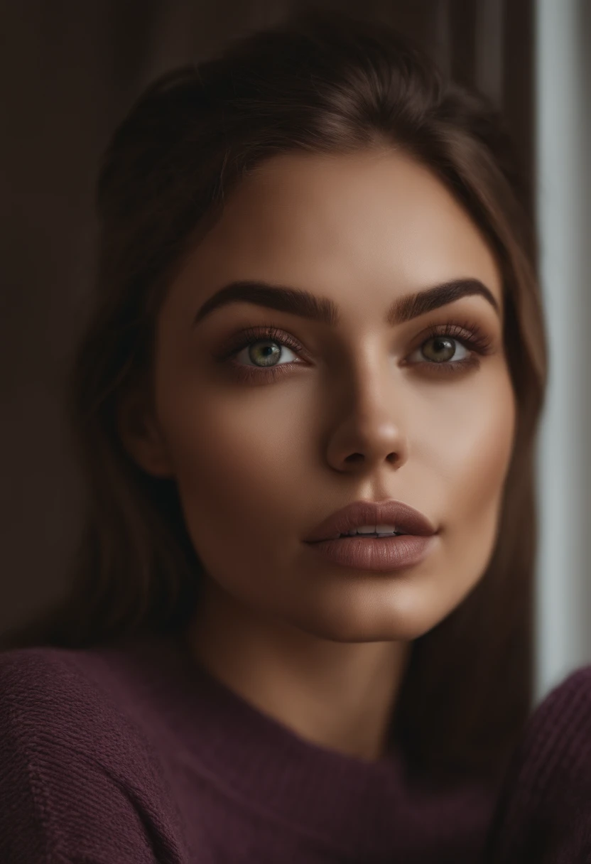 Femme arafed avec pull et jean assortis, jolie fille aux yeux marron Portrait Sophie Mudd, cheveux bruns et grands yeux brun, Selfie d’une jeune femme, Yeux de chambre, Violet Myers, sans maquillage, maquillage naturel, Regarder directement la caméra, Visage avec Artgram, Maquillage subtil, Superbe photo du corps entier, dans la chambre, clivage