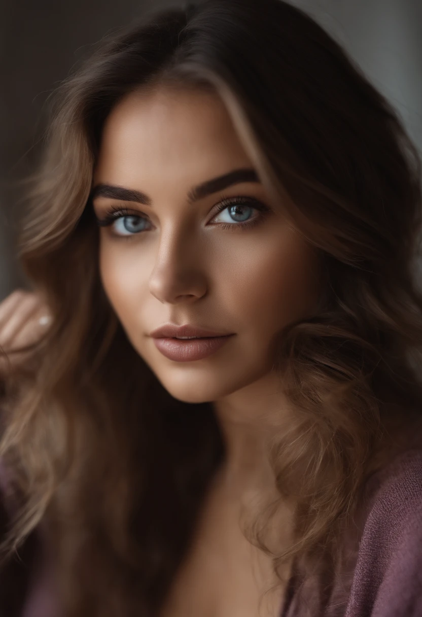 Femme arafed avec pull et jean assortis, jolie fille aux yeux marron Portrait Sophie Mudd, cheveux bruns et grands yeux brun, Selfie d’une jeune femme, Yeux de chambre, Violet Myers, sans maquillage, maquillage naturel, Regarder directement la caméra, Visage avec Artgram, Maquillage subtil, Superbe photo du corps entier, dans la chambre, clivage