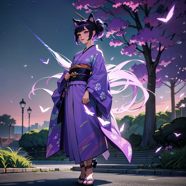 Only one woman , There's an adult woman in a park, 35 years old, Kimono , unicorn print, shiny skin, cat ears,, Dark purple hair, black hair and purple streaks, cat ears on head, beautiful chest, Second life avatar, Beautifullscreenshot, Second life,, full body view, Front view, seductive woman, high quality, Very detailed skin