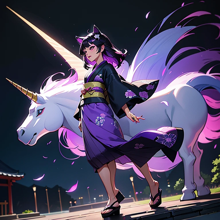 Only one woman , There's an adult woman in a park, 35 years old, Kimono , unicorn print, shiny skin, cat ears,, Dark purple hair, black hair and purple streaks, cat ears on head, beautiful chest, Second life avatar, Beautifullscreenshot, Second life,, full body view, Front view, seductive woman, high quality, Very detailed skin