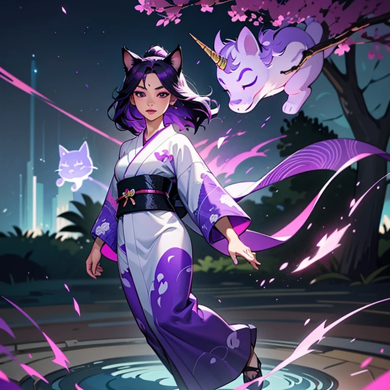 Only one woman , There's an adult woman in a park, 35 years old, Kimono , unicorn print, shiny skin, cat ears,, Dark purple hair, black hair and purple streaks, cat ears on head, beautiful chest, Second life avatar, Beautifullscreenshot, Second life,, full body view, Front view, seductive woman, high quality, Very detailed skin