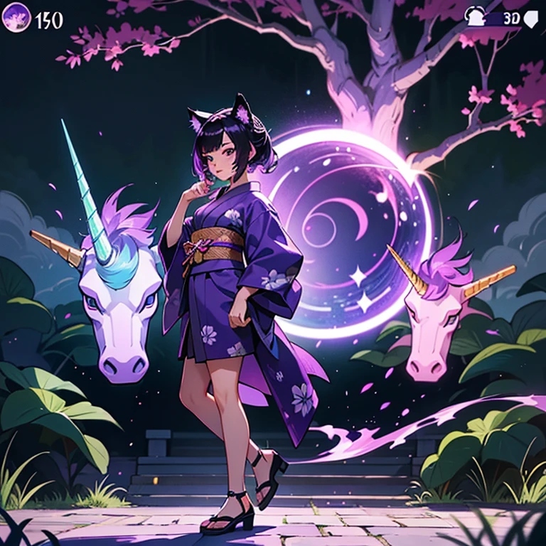Only one woman , There's an adult woman in a park, 35 years old, Kimono , unicorn print, shiny skin, cat ears,, Dark purple hair, black hair and purple streaks, cat ears on head, beautiful chest, Second life avatar, Beautifullscreenshot, Second life,, full body view, Front view, seductive woman, high quality, Very detailed skin