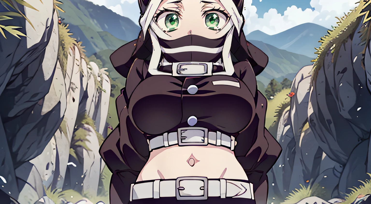 Masterpiece, Best Quality, Very clear image, hight resolution, 1girl, Full-length (Body Full 1.1.), beautiful buttocks, nice feet, woods, the night, Kakushi Girl (Demon Slayer: kimetsu no yaiba), Kocho Shinobi, Master Parts, beste-Qualit, supreme, 1girl, In the bamboo forest，the night, luna, a starry sky, runs to the rescue, carries Tanjiro Komado on his back, face mask, The head is covered with a hood, Black Ninja Costume, black pantsuit, black jacket, belt, Beautiful figure, Beautiful little breasts, elastic small breasts, Erotica, Character looking at camera，green colored eyes, Black pants, black jacket, long sleeves, belt, in the woods,  the perfect body, The Perfect Girl, perfect details, Ultra HD |, 8K, Professional photo, Demon Slayer in anime style, 1guy, Tanjiro Komado, In a girl&#39;hande,