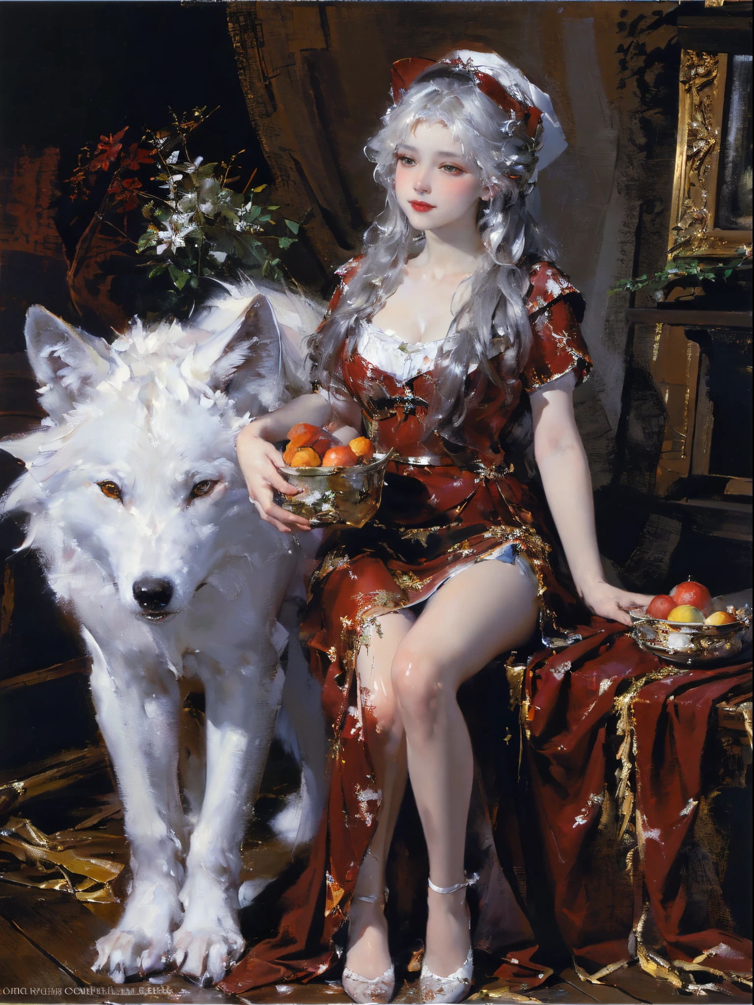 The painting shows a woman in a red dress sitting next to a white wolf, ((com cores neutras)), (post impressionist),(Fechin Oil Painting - Fechin Oil Painting , oil painted),