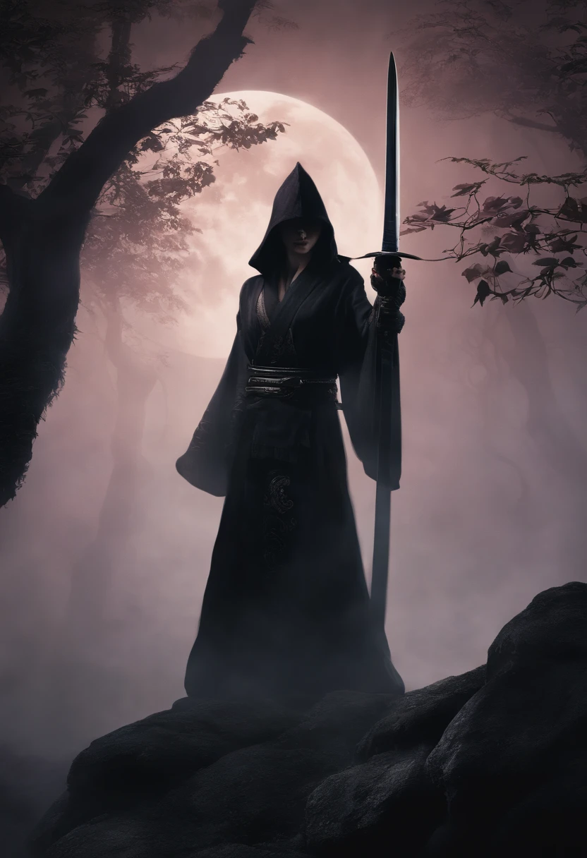 Description: Voidblade Katana, Mysterious Shadow Weapon, Stay in the creepiness, moonlight hill. The branches of darkness covered the sword and the surrounding area.. The fog-shrouded confusion conveys a sense of cosmic mystery., With whispers of emptiness echoing through the silence.. Katana's expression conveyed mystery., And its effects involve a strange interplay of darkness and dimensional distortion..