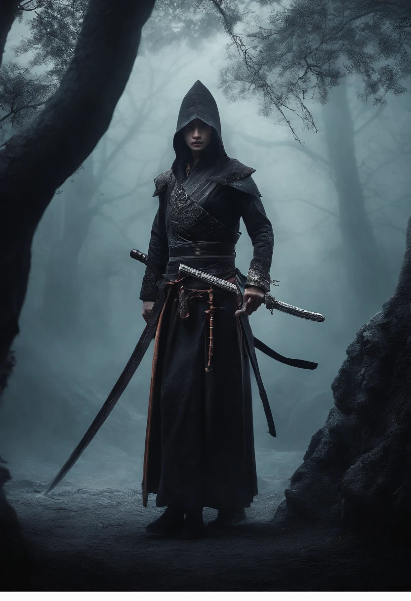 Description: Voidblade Katana, Mysterious Shadow Weapon, Stay in the creepiness, moonlight hill. The branches of darkness covered the sword and the surrounding area.. The fog-shrouded confusion conveys a sense of cosmic mystery., With whispers of emptiness echoing through the silence.. Katana's expression conveyed mystery., And its effects involve a strange interplay of darkness and dimensional distortion..