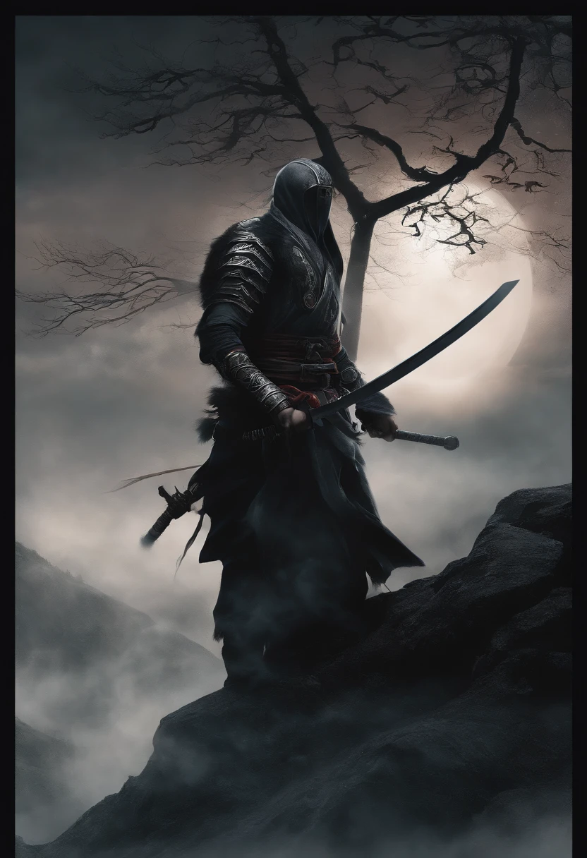 Description: Voidblade Katana, Mysterious Shadow Weapon, Stay in the creepiness, moonlight hill. The branches of darkness covered the sword and the surrounding area.. The fog-shrouded confusion conveys a sense of cosmic mystery., With whispers of emptiness echoing through the silence.. Katana&#39;s expression conveyed mystery., And its effects involve a strange interplay of darkness and dimensional distortion..