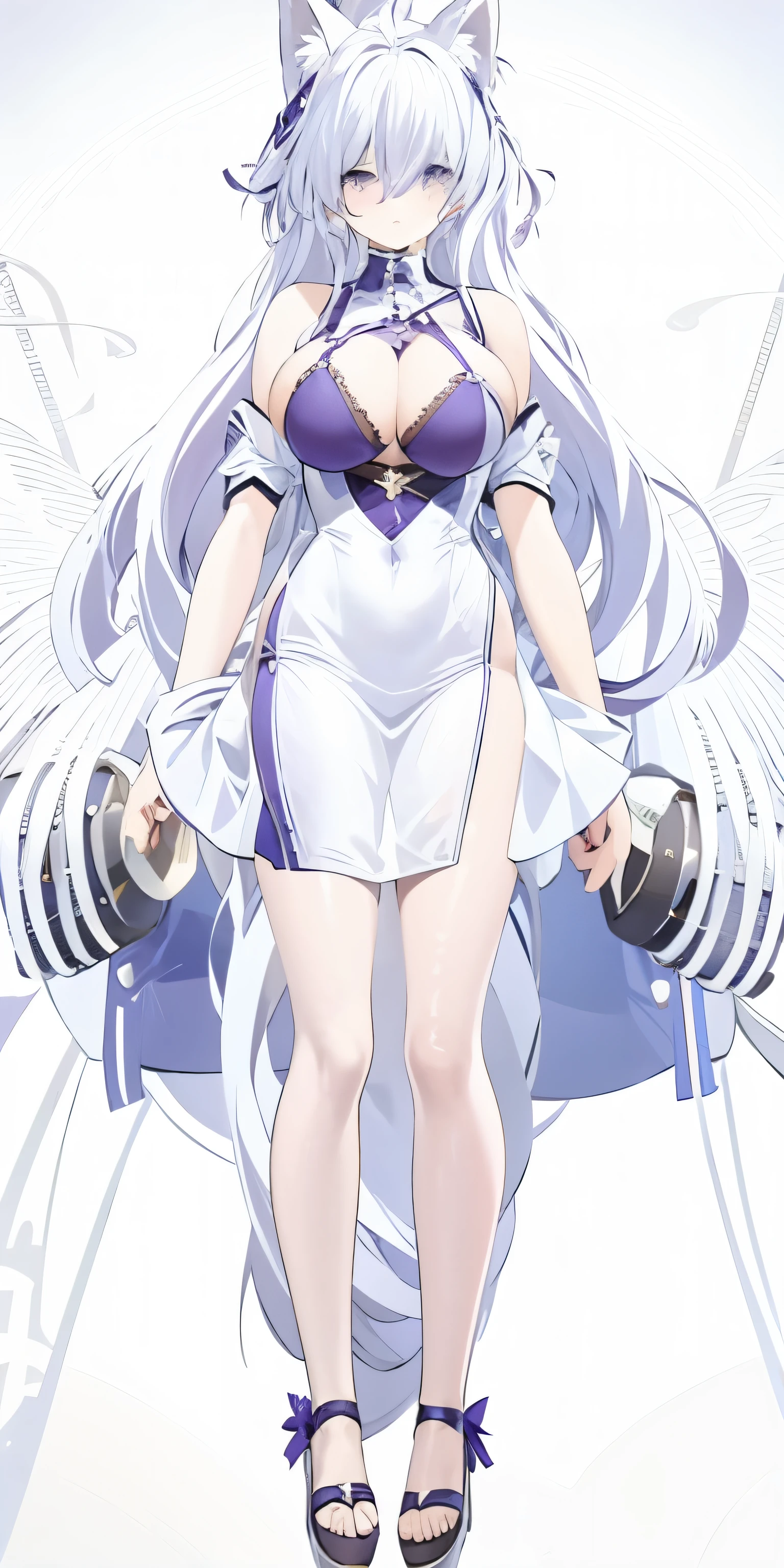 One in a white dress、Anime character of woman with cat ears, Cute anime waifu wearing nice clothes, White dress!! silber hair, azur lane style, Translucent liquid comes from《Azure route》videogame, in dress, 《Azure route》人物, from girls, clear outfit design, Anime full body illustration, white-haired god, Official character art