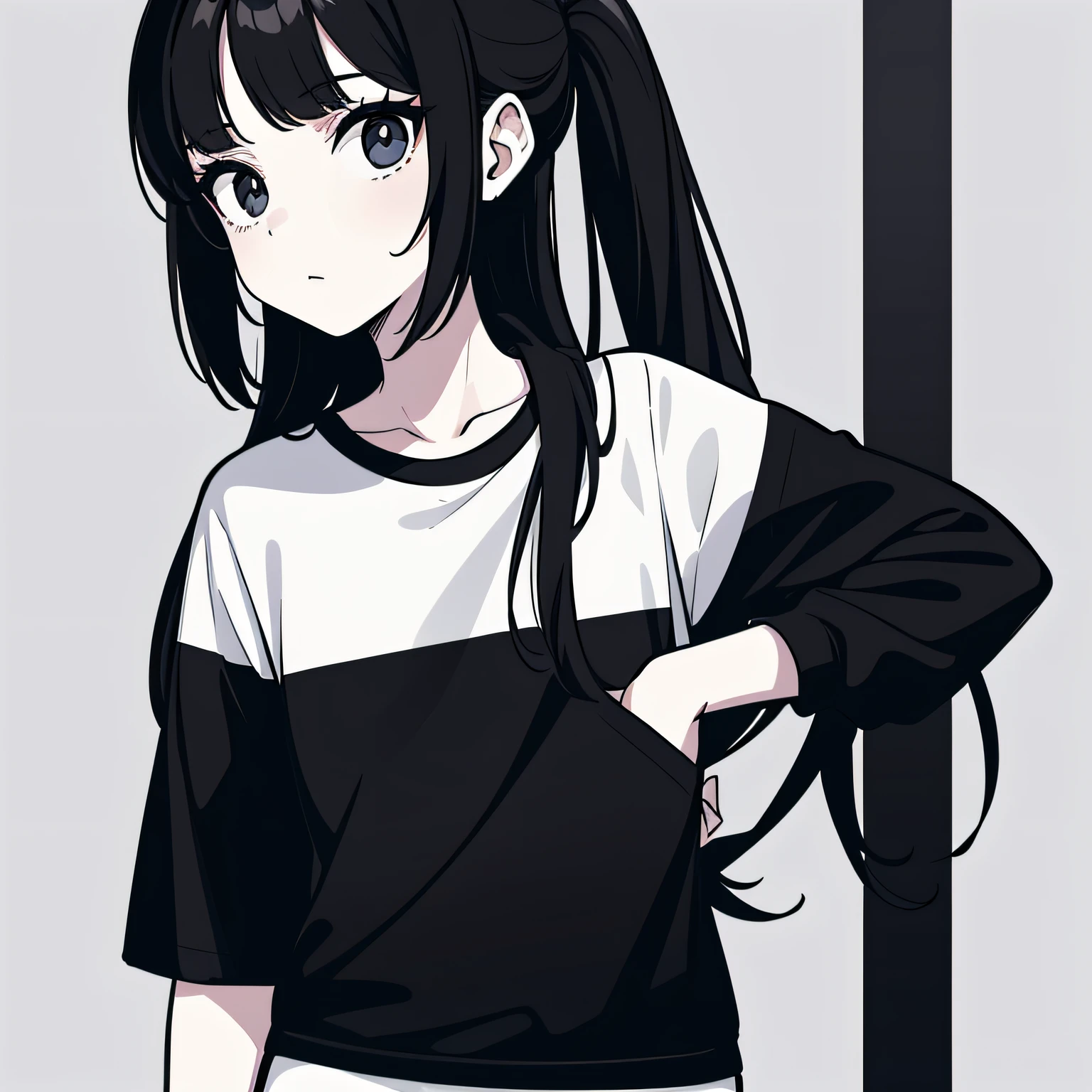 Girl, side portrait, black and white,Spicy accessories,Sporty style, Casual T-shirt, Confident gaze, Monochrome color scheme, looking at the side, Chic street fashion, Sloppy hands in pockets posing,cap,Long hair