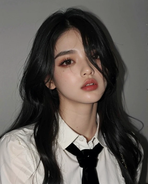 There is a woman wearing a white shirt and a black tie, linda mulher coreana jovem, Mulher sul-coreana bonita, mulher coreana jovem bonita, gorgeous chinese model, Sakimichan, menina coreana, Realistic. Cheng Yi, Modelo de moda feminina coreana, Mulher coreana, Cai Xukun, Ulzzang, Portrait of female Korean idol, Sui Ishida com cabelo preto