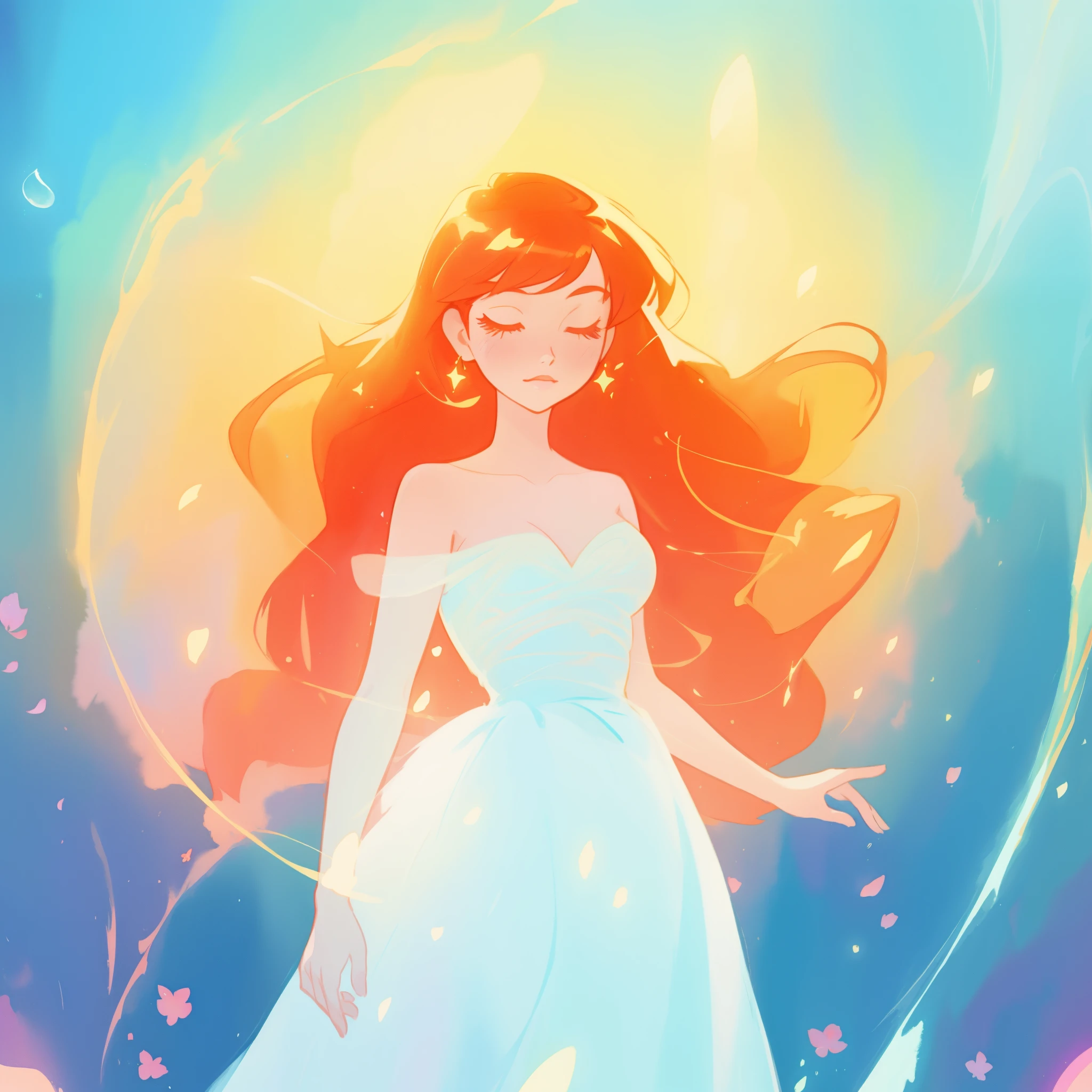 beautiful girl in puffy sparkling ballgown, long red and gold hair, colorful fantasia background, watercolor illustration, inspired by Glen Keane, inspired by Lois van Baarle, disney art style, by Lois van Baarle, glowing aura around her, by Glen Keane, jen bartel, glowing lights! digital painting, flowing glowing hair, glowing flowing hair, beautiful digital illustration, fantasia otherworldly landscape plants flowers, beautiful, masterpiece, best quality, anime disney style