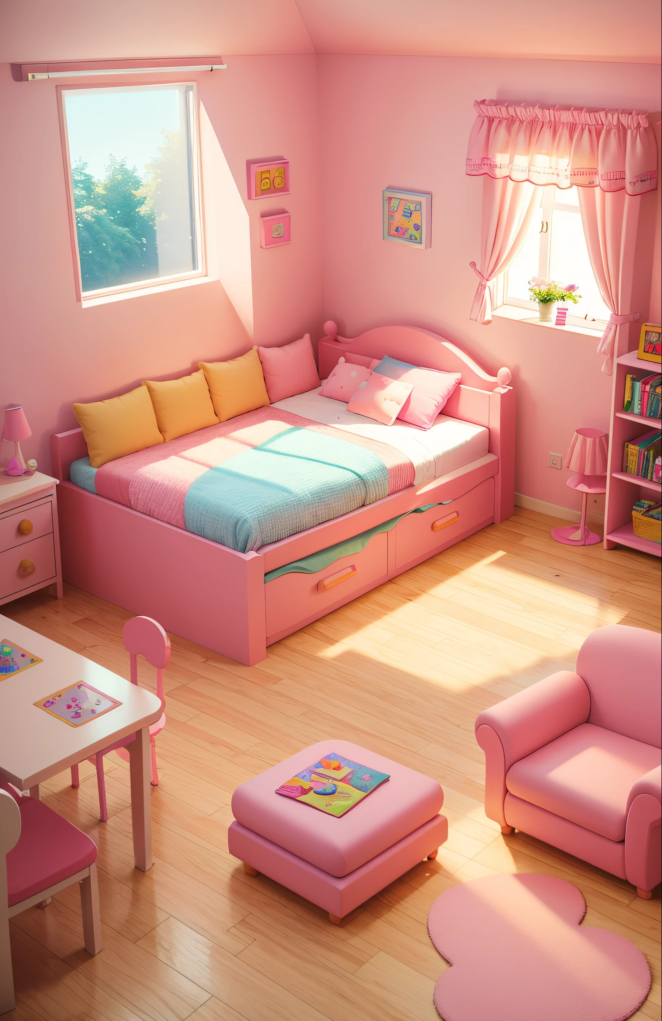 isometric rendering of the interior of a children's room of a 3 year old girl, pink wall little pink princess castle a pink sofa and toys everywhere at dawn game art.