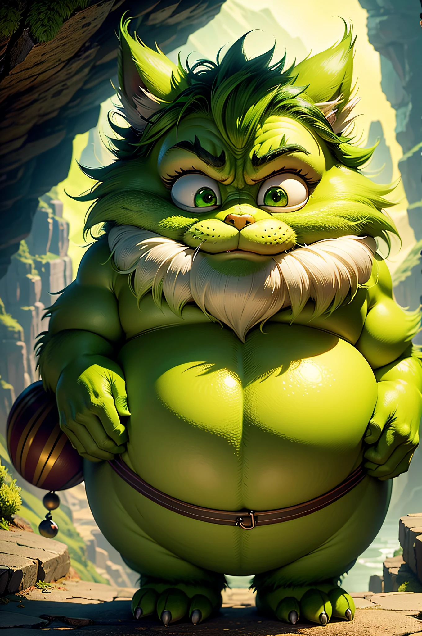 Grinch is depicted as a green, furry, Pot-bellied, pear-shaped, snub-nosed humanoid creature with a cat-like face and cynical personality. In full-color adaptations, he is typically colored yellow green. He has spent the past 53 years living in seclusion on a cliff, overlooking the town of Whoville.