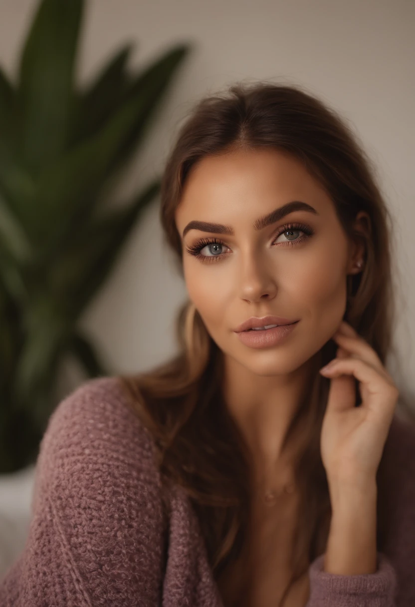 Femme arafed avec pull et jean assortis, jolie fille aux yeux marron Portrait Sophie Mudd, cheveux bruns et grands yeux brun, Selfie d’une jeune femme, Yeux de chambre, Violet Myers, sans maquillage, maquillage naturel, Regarder directement la caméra, Visage avec Artgram, Maquillage subtil, Superbe photo du corps entier, dans la chambre, clivage