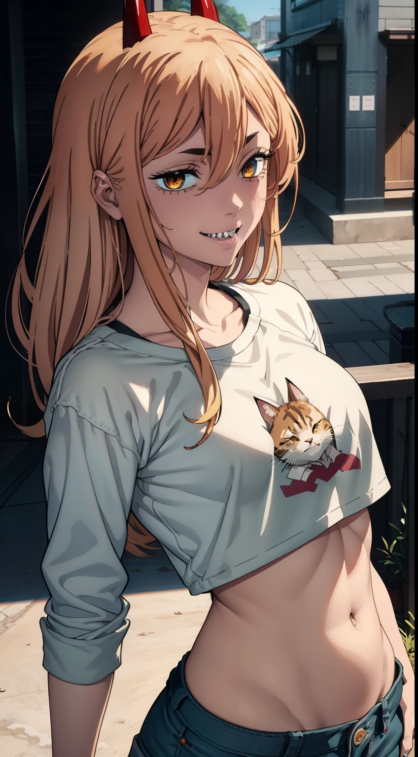 blue sweatshirt, ultra sharp image, Beautiful figure, Beautiful little breasts, sexypose, Mouth open in a smile, sharp teeth, Brandishing a large red hammer, ultra detail face, Ultra Transparent, Chainsaw Man Energy, Two red sharp horns on the head, ultra sharp image, Ultra Beautiful, Beautiful little breasts. hairlong, blonde woman, Beautiful figure, taut clothes, T-shirt with the image of a cat, jean shorts, Shoes, Smiling, red-eyes, Red crosses and circles instead of pupils, handsome body, Beautiful little breasts, sexy clothes, Beautiful eyes, very detailed eyes, Very detailed face, handsome body, Cherecter Desing, Sex position, Very detailed, Detailed body, Detailed hands, Detailed, Vibrants, Detailed Face, sharp-focus, WLOP, artgerm, anime art, Vibrants, Detailed Face, Hugh Details, sharp-focus, Very drooping face, A detailed eye, super fine illustration, better shadow, finely detail, Beautiful detail