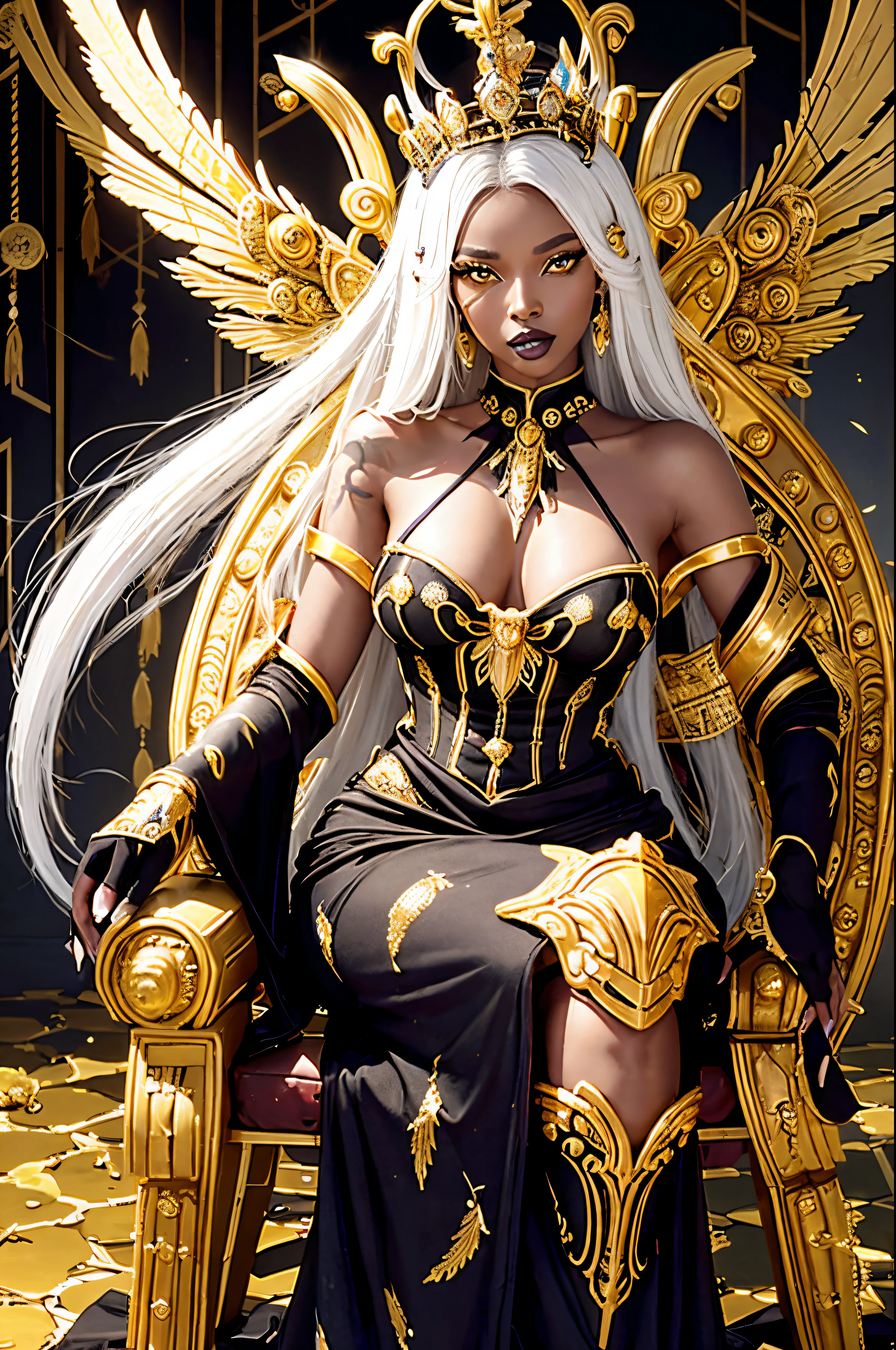 alone black woman, 20 years old, long straight white hair, big black eyes, black lipstick, black mouth stick, tattoo on arm, sitting on a chic golden throne of a bee queen with a dress and a crown of a bee queen using golden bee wings, honeycomb background bees, honey cetrum