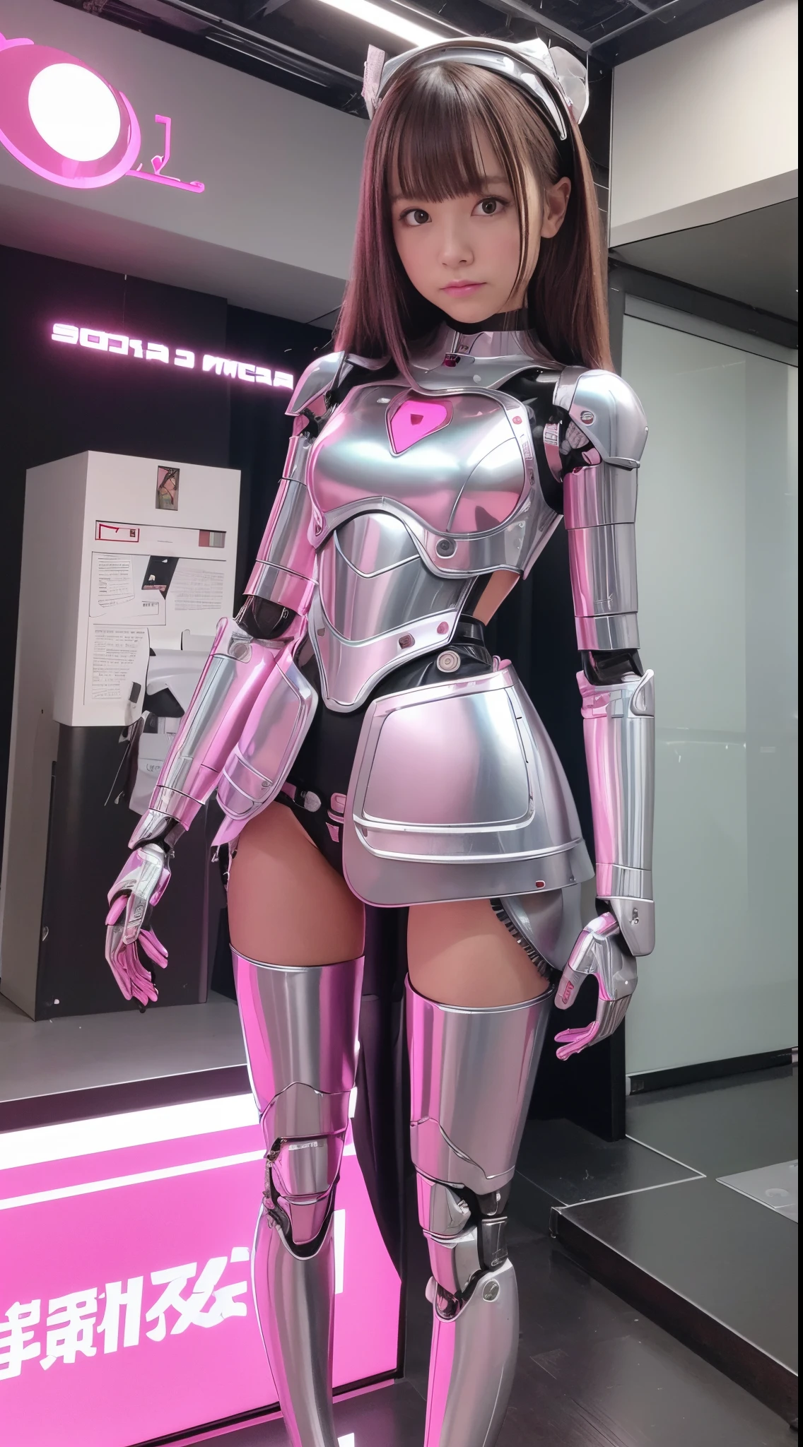 Robot Girl, pink there, Silver, Metallic body, Robot Parts, Metal Parts, Super Detailed Face, Super well-formed face, of the highest quality, a small face, a small head, Brown hair, Slender body, Camera gaze, Internal Mechanical Exposure, Idol, front facing, Well-proportioned body, sale, exhibition, Event Hall, Moe Pose, pink metallic maid Dress Machine Armor, Standing with legs open, Model body type, sad, Embarrassing,(Perfect Robot Girl),(Perfect machine body)