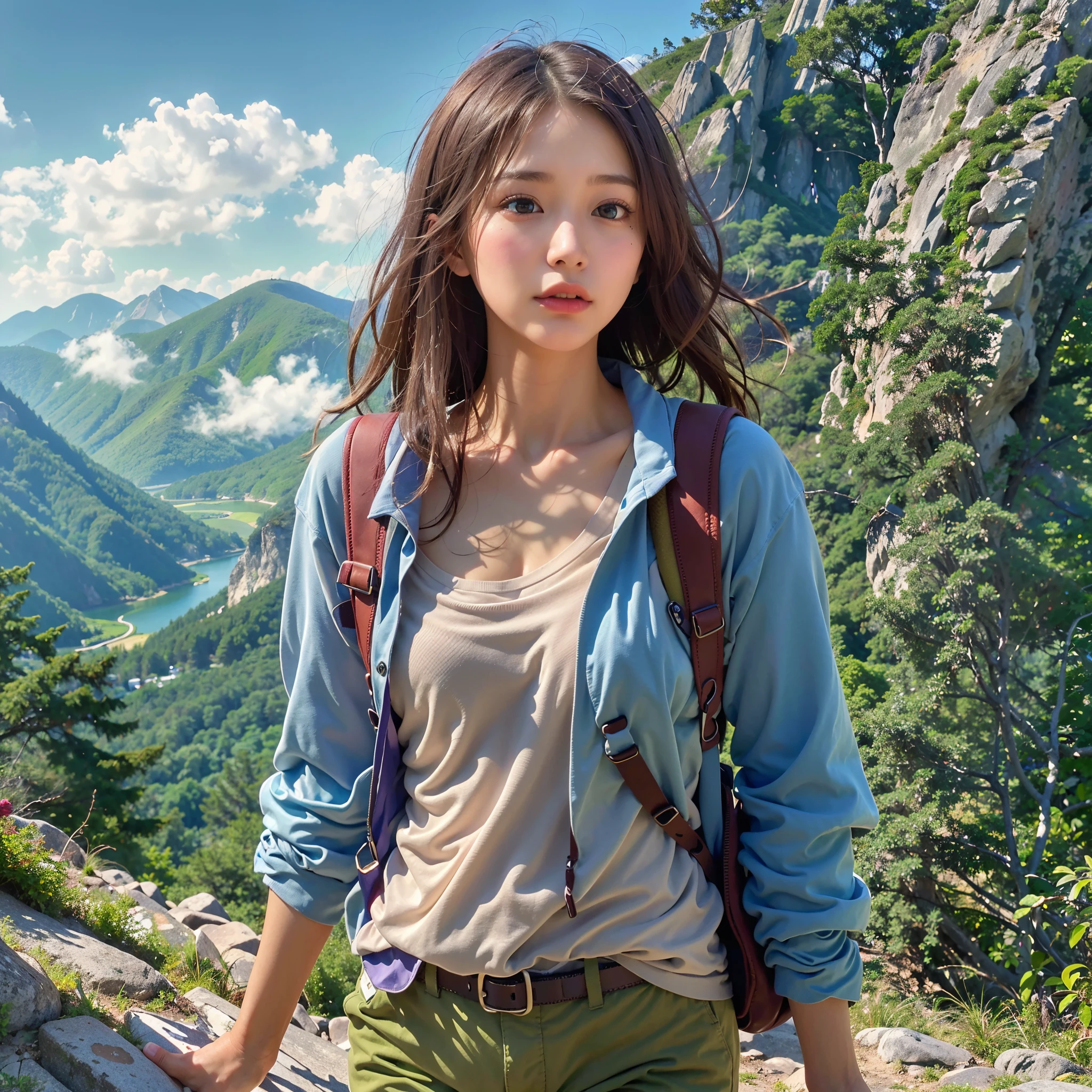(Background, Magnificent mountain views, blue open sky, white clouds):1.3, (medium hari, dark brown hair), (top-quality, Photorealsitic:1.4, masterpiece:1.3, RAW Photography:1.2, cinematric light, very detailed illustration), (1woman:1.3, solo), (Mountain jacket, T-shirt, shortpants), (Carrying a backpack), (Walking along a mountain trail), (ultra delicate face, ultra Beautiful fece, ultra delicate eyes, ultra detailed nouse, ultra detailed mouth, ultra detailed facial features), petite woman, (medium breast:1.3), from the front side, skiny, lipgloss, Show cleavage
