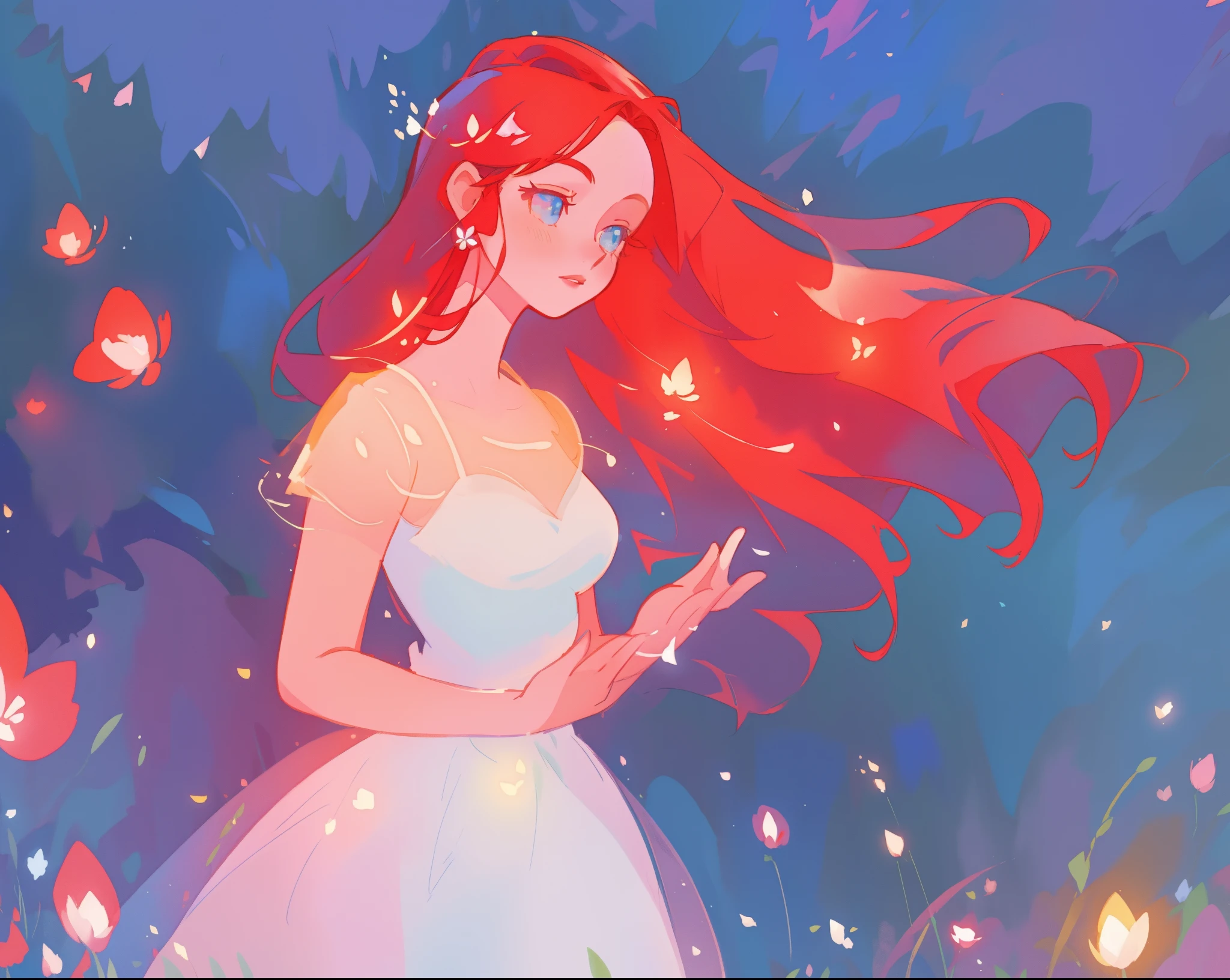 beautiful girl in white puffy ballgown, meadow filled with flowers, long red hair, watercolor illustration, disney art style, glowing aura around her, glowing lights, beautiful digital illustration, fantasia otherworldly landscape plants flowers, beautiful, masterpiece, best quality, anime disney style