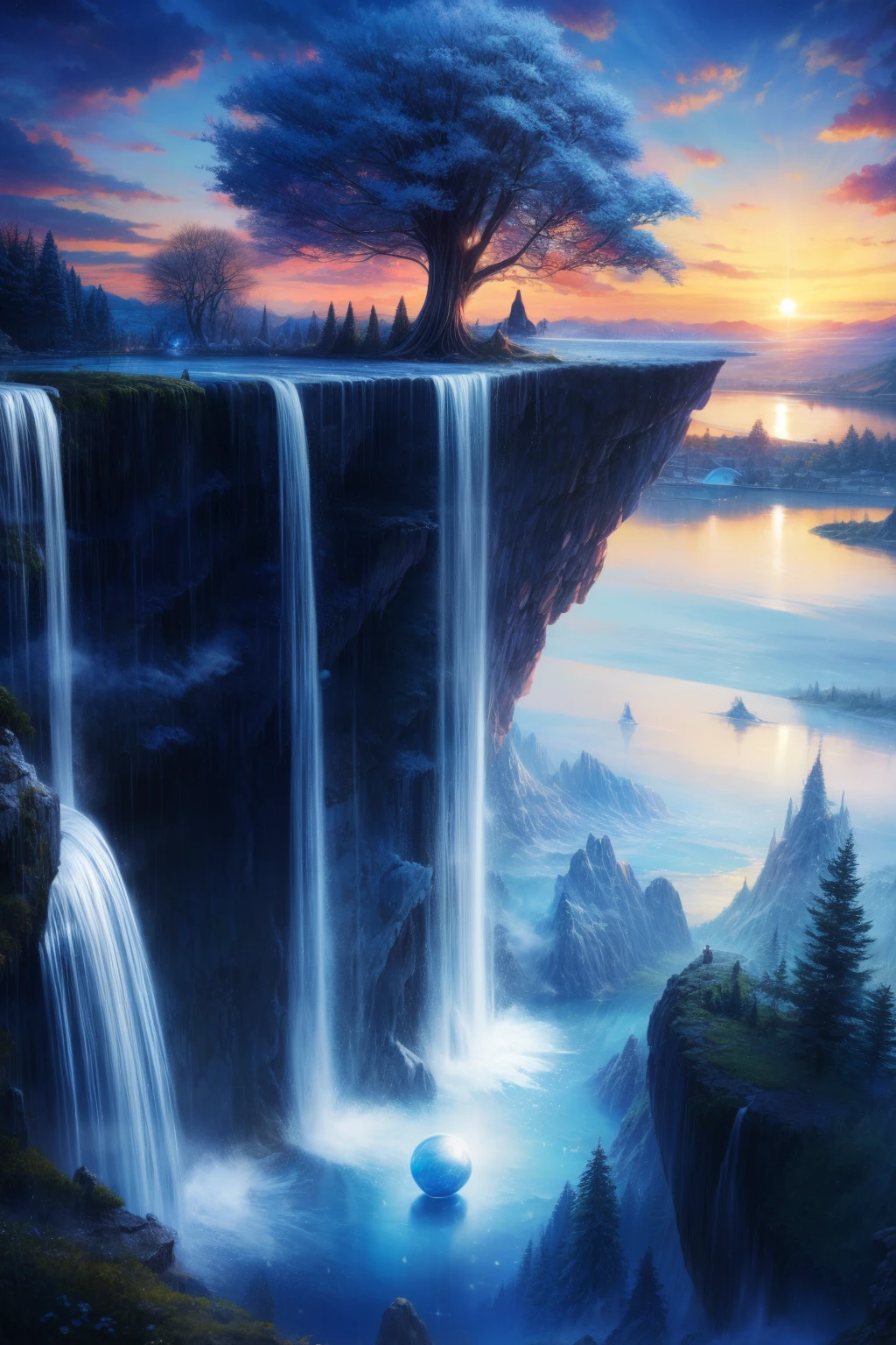tmasterpiece, Best quality at best, high high quality, extremely detaild的 CG unified 8k wallpapers, {《(The scenery inside the giant crystal ball)》, Outdoor sports, sky sky, clouds, daysies, without humans, Monte, The landscape, Eau, that tree, blue-sky, waterfall man, precipice, natural, lake, floods, The sky is mostly cloudy,award winning photography, bokeh, depth of fields, HighDynamicRange, full bloom, color difference ,realistically,The content is very detailed, Hot topics on artstation, CG social dynamics, iintricate, high detal, theatrical, halfway art},