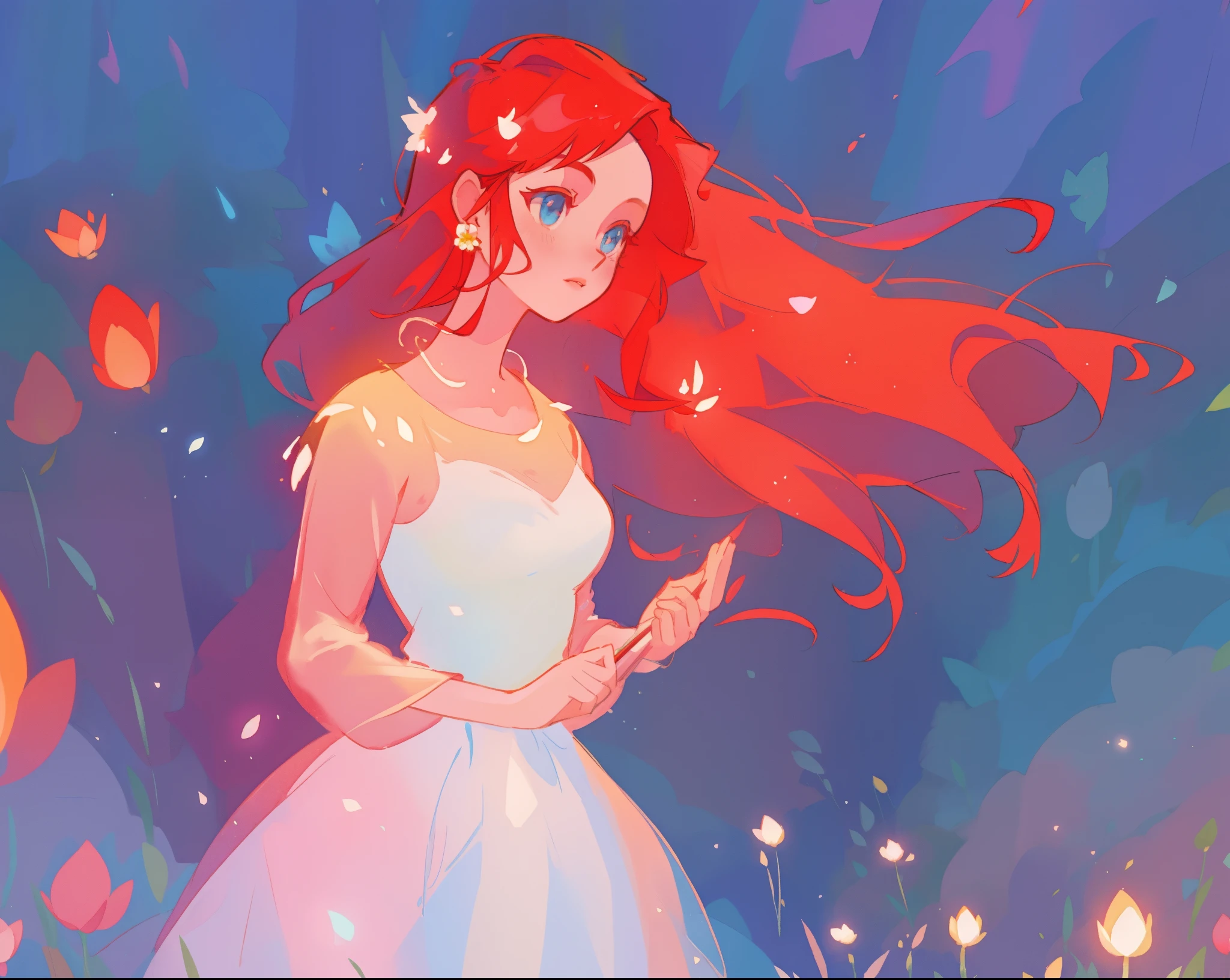 beautiful girl in white puffy ballgown, meadow filled with flowers, long red hair, watercolor illustration, disney art style, glowing aura around her, glowing lights, beautiful digital illustration, fantasia otherworldly landscape plants flowers, beautiful, masterpiece, best quality, anime disney style