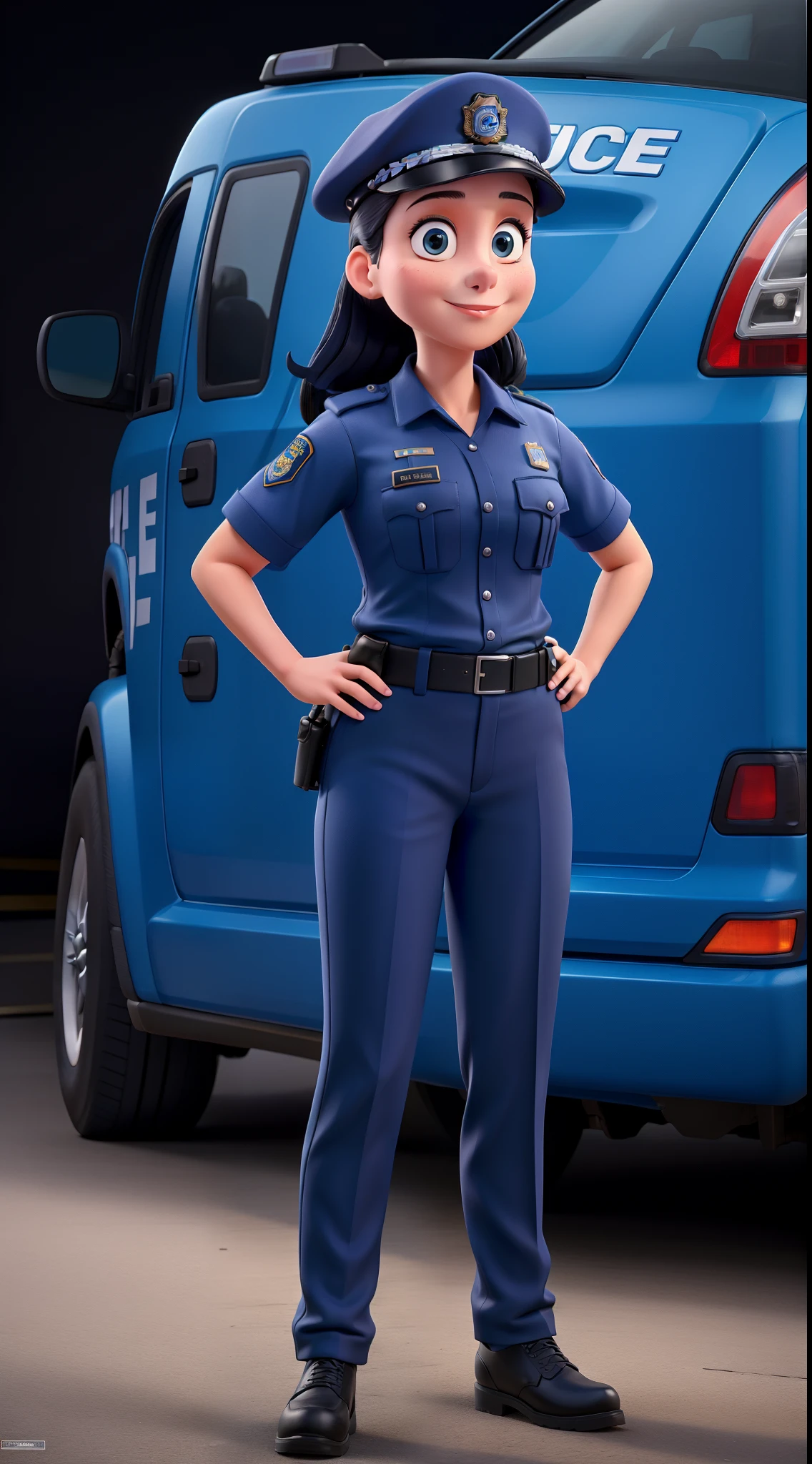 tmasterpiece，Best quality，A policewoman，wear police uniforms，Stand in front of the police car