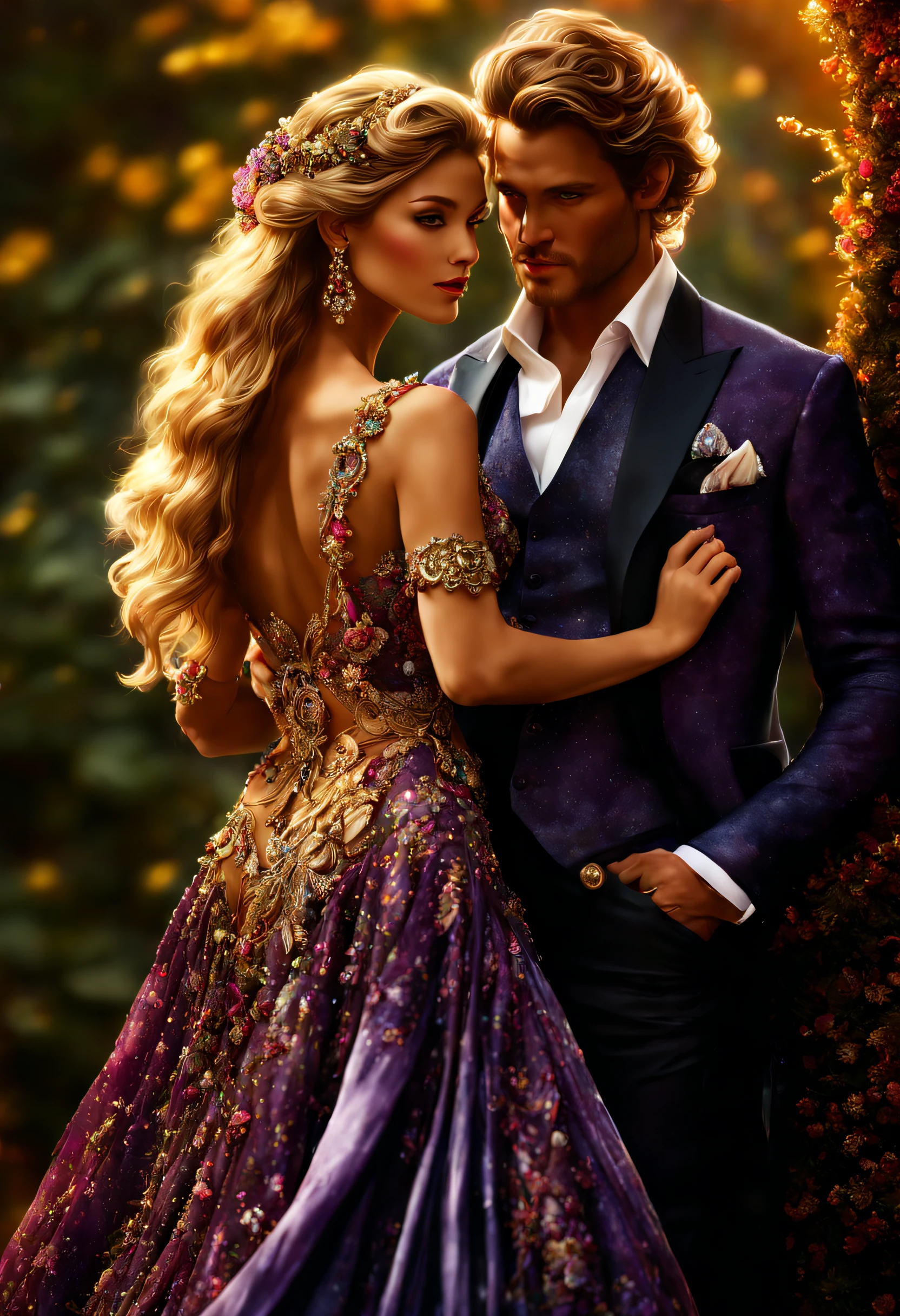 (masterpiece, ultra quality, high resolution, 8k, intricate: 1.2) Jon Paul Ferrara photorealistic BOOKCOVER HALF-BODY COUPLE. SNOW WINTER romantic fantasy in center beautiful long half-body LONG BLONDEhair man, ultradetailed beautiful faces, and beautiful lady in bright color french shimmering gown, proportional, tender, shimmering, ultradetailed beautiful faces, SUN day, day BoKEH, fairytale magic, mysterious, light colorscheme. SUNNY, fairytale magic, mysterious (Best quality,8K,A high resolution,Masterpiece:1.2),Ultra-detailed,(Realistic,Photorealistic,photo-realistic:1.37), half-body Portrait,Creative style artwork,Historical,classical,Sophisticated,plethora of colors,Highly detailed,Soft lighting,luxurious environment,detailed gown,Vibrant flowers,detailed jewellery,Ethereal atmosphere,Elegant Pose,Graceful curves,Gold body proportions,Flowing hair,Breathtaking textile patterns,Harsh purple eyes,Delicate floral decoration,A dazzling array of crystal accessories,Mysterious and dreamy atmosphere,Impeccable attention to detail. WINTER COLORSHEME, by Jon Paul Ferrara, style Jon Paul Ferrara