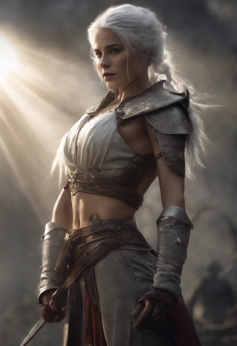 a girl,Gray hair, All white ninja outfit,hanging sword behind ,Whole body, sunlight, Clear Face, Clean white background,Mostly cloudy ,master-piece, super detail, Epic composition, ultra hd, High Quality, Very detailed, official art, 8K uniform wallpaper, super detail, 32,000 - in 6