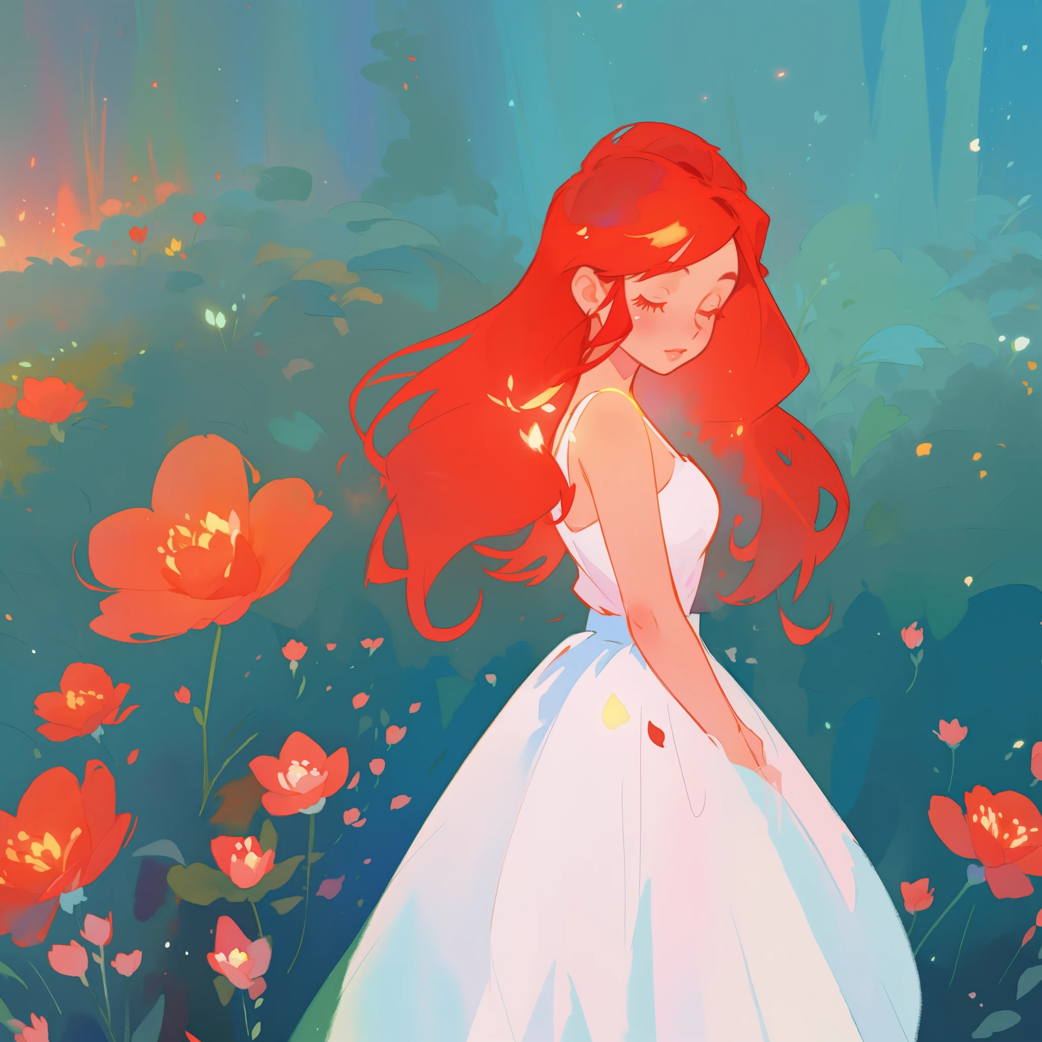 beautiful girl in white puffy ballgown, meadow filled with red flowers, long red hair, watercolor illustration, flowers and colorful plants, disney art style, glowing aura around her, glowing lights, beautiful digital illustration, fantasia otherworldly landscape plants flowers, beautiful, masterpiece, best quality, anime disney style