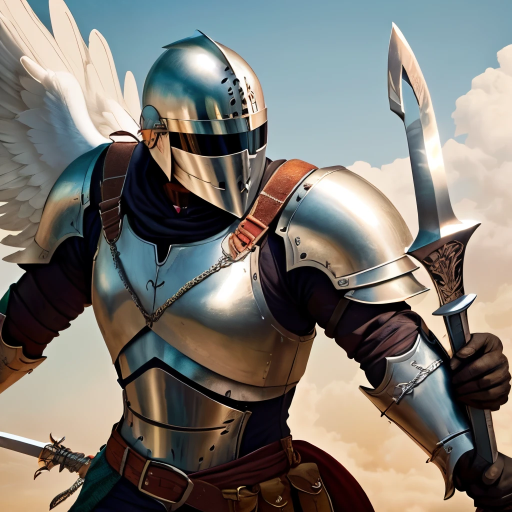 Crie um anjo com armadura ajoelhado com uma espada