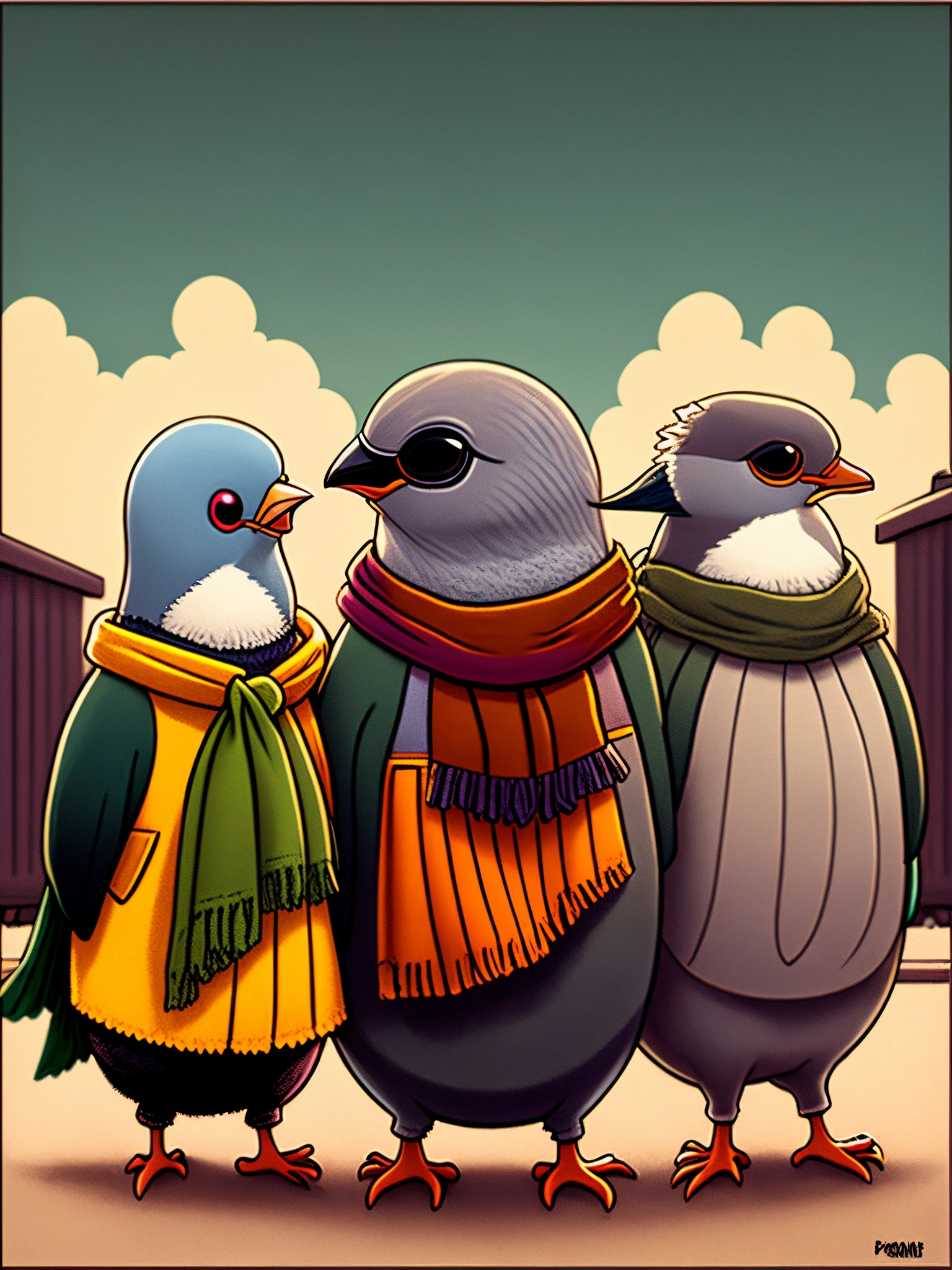 (3)pigeons, the first pigeon on the left has a taller neck and has black sun shades on with a orange fluffy scarf around its neck, the second pigeon on the right is smaller and has a stubby body with a thunder bolt like patter on its wings, and the one in the middle is a classic normal pigeon - cartoon/comic book dawning style