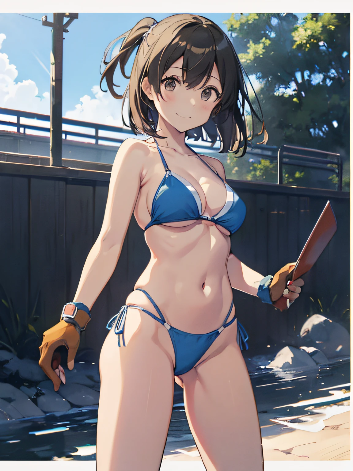 (masutepiece, Best Quality:1.2), Cowboy Shot, Solo, 1girl in, Hiryū, Smile, Looking at Viewer,Blue Bikini、One side up, , partially fingerless gloves、The background is professional wrestling、Facing the front