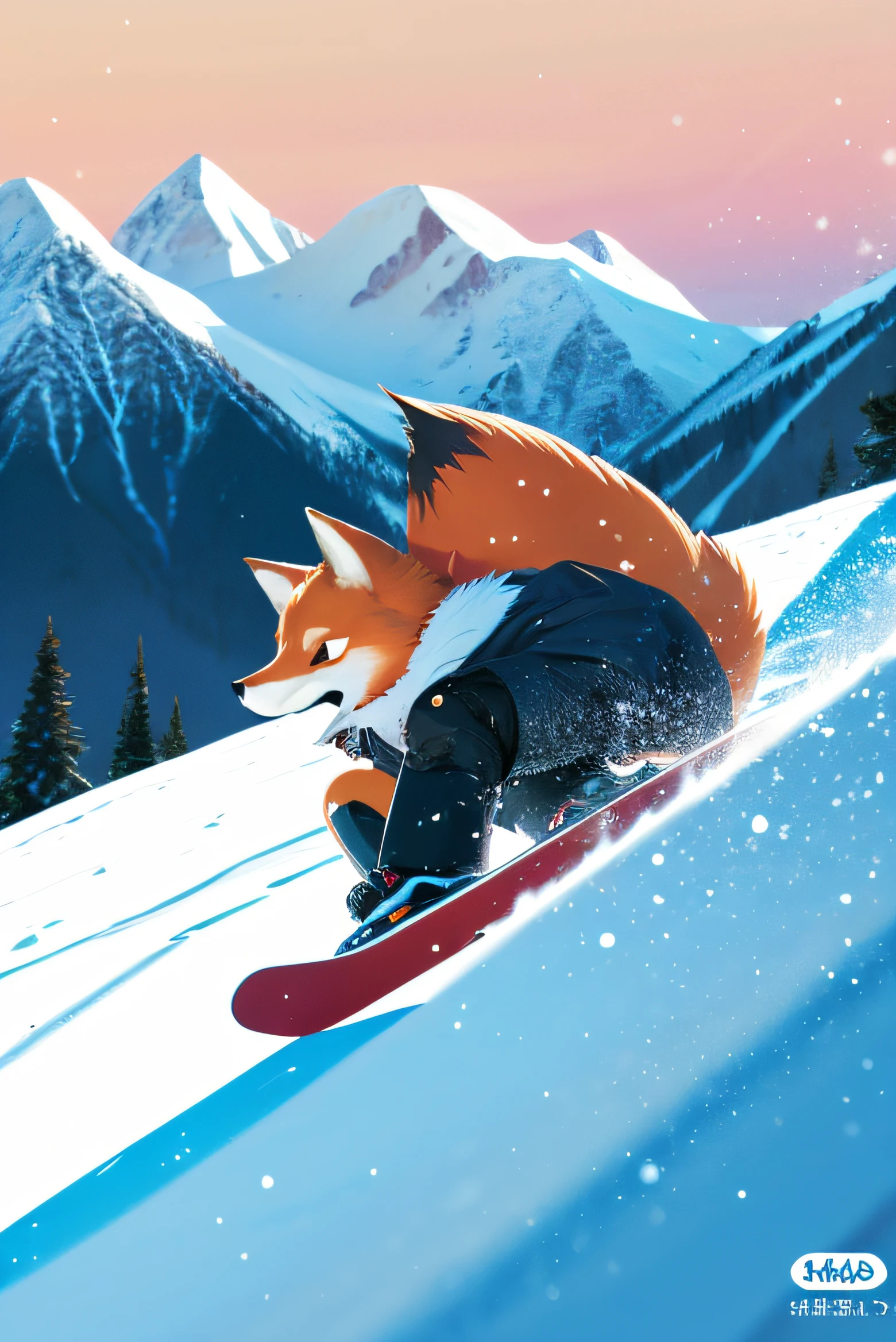 「in very high resolution、Please draw an illustration of a cute fox snowboarding on a snowy mountain with clear details...。Fox is wearing stylish snowboarding gear、sliding down the snow on a snowboard。foxes'A look full of fun and excitement.、Beautiful winter scenery with falling snow spreads out.。Mountains and trees in the background々There is、Keep the atmosphere bright and fun。」