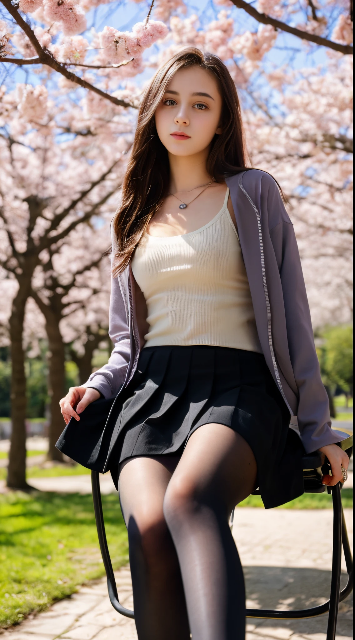 -tee6 yearean, blonde, small breasts, big eyes, long legs, close-up on thighs, tank top with deep neckline, sweatshirt, skirt tiny pleated, black tights, high heel shoes, Extremely high angle shot, from above the girl, (Reelmech: 1.5), vagina showing, park background, Trees, cherry blossom, mirrored floor with reflections, sitting on school chair , blood on t-shirt, ray tracing, HDR