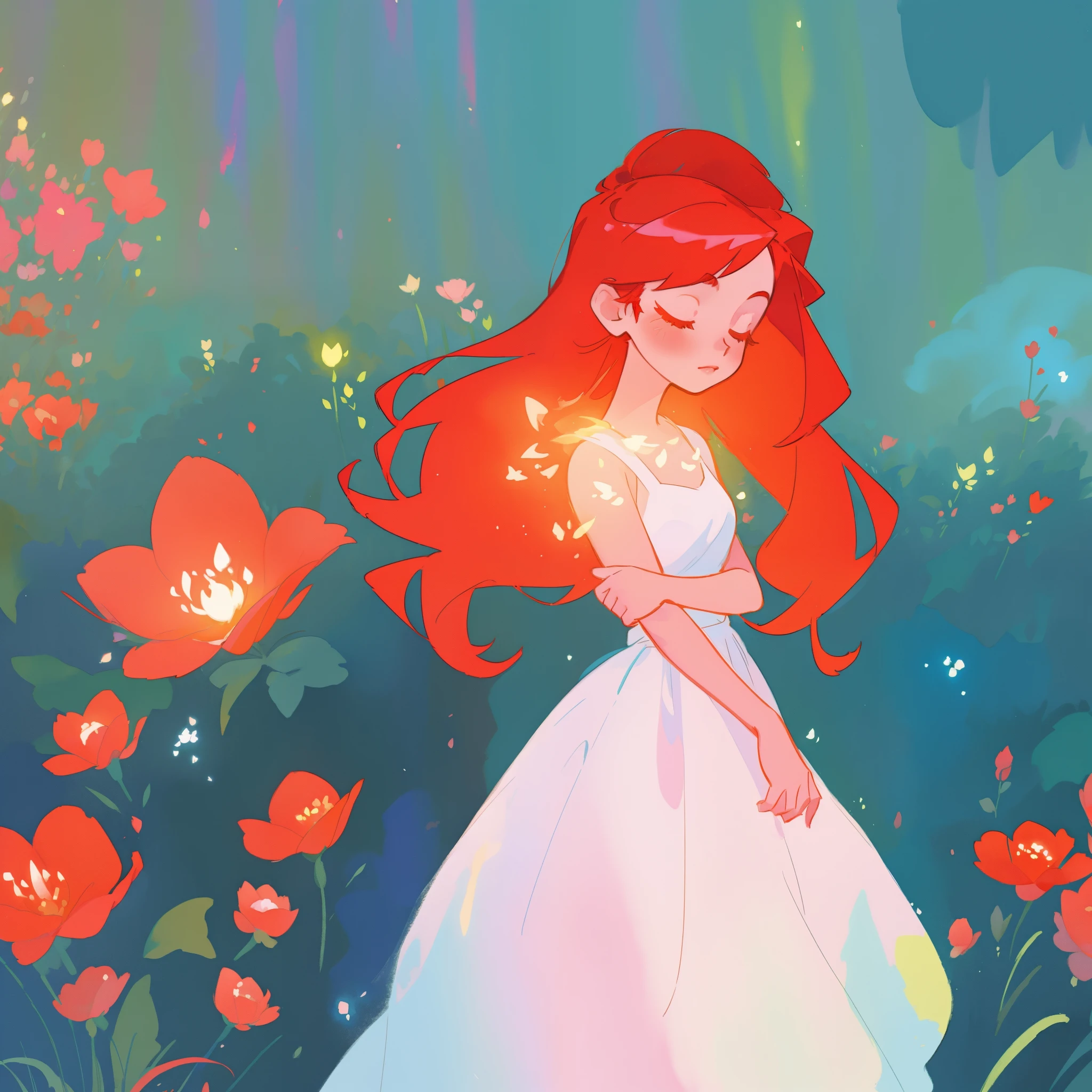 beautiful girl in white puffy ballgown, meadow filled with red flowers, long red hair, watercolor illustration, flowers and colorful plants, disney art style, glowing aura around her, glowing lights, beautiful digital illustration, fantasia otherworldly landscape plants flowers, beautiful, masterpiece, best quality, anime disney style