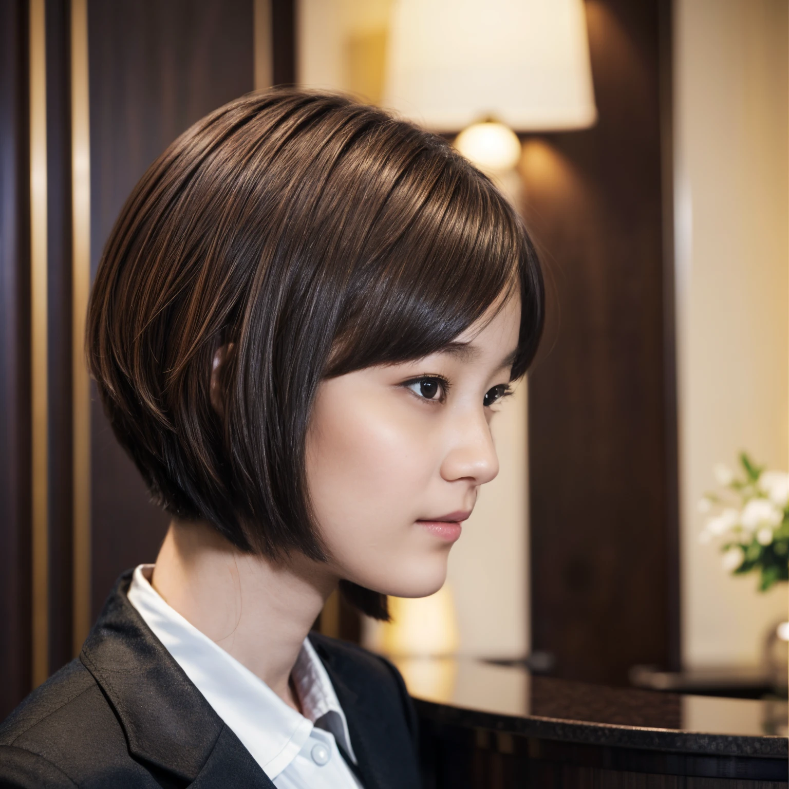 48
(An 18-year-old woman), (A hyper-realistic), (masutepiece), Short bob cut, Concierge at the hotel reception, Gentle expression