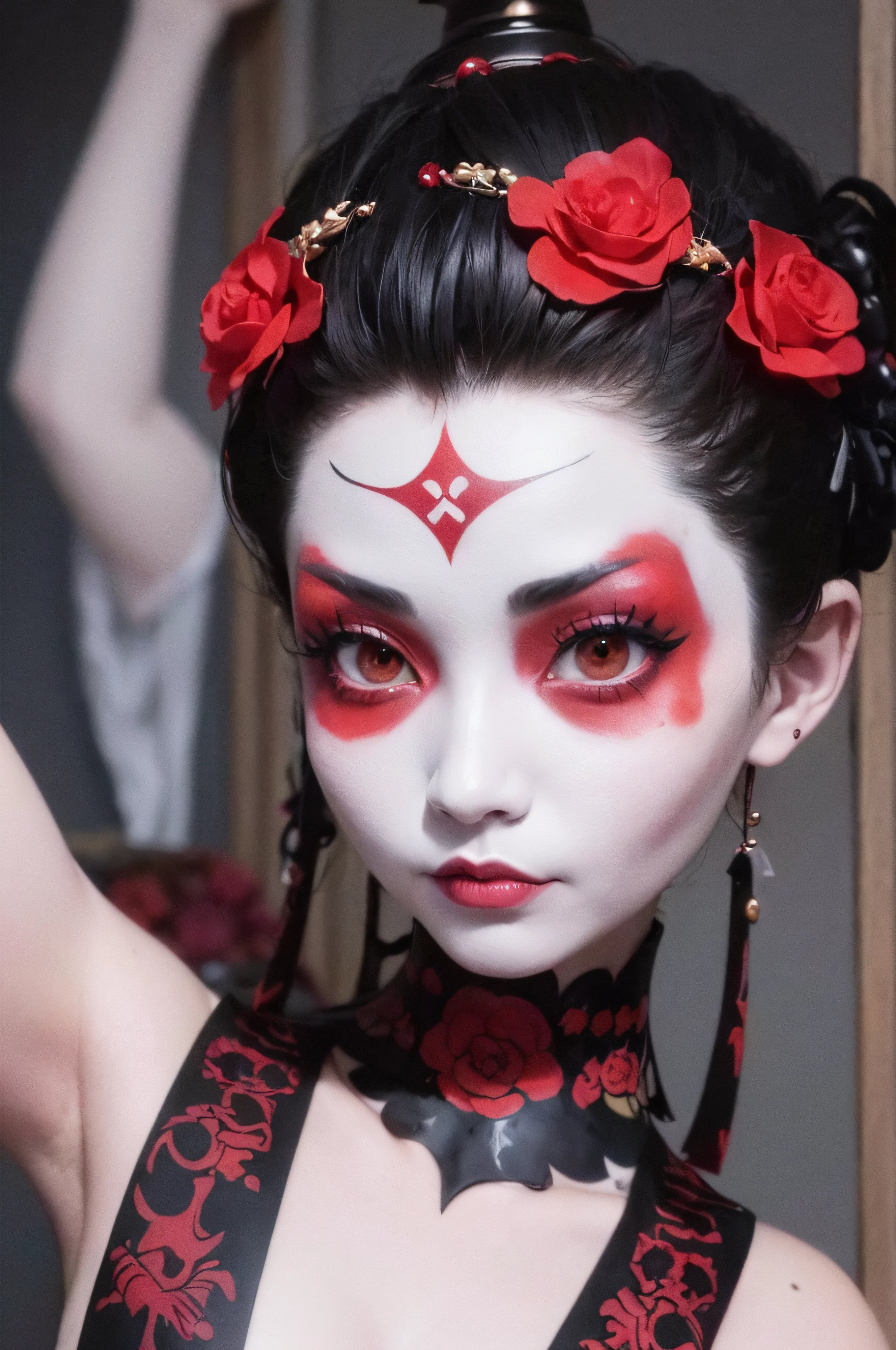 "(The best lighting, oscuro, dramatic),(feto calavera geisha escupiendo tinta roja, Cicatrices, sexy, cerebro, sangre, una rata dentro de la cabeza, terror.),(ojos rojos, calaveras). volumetric light.